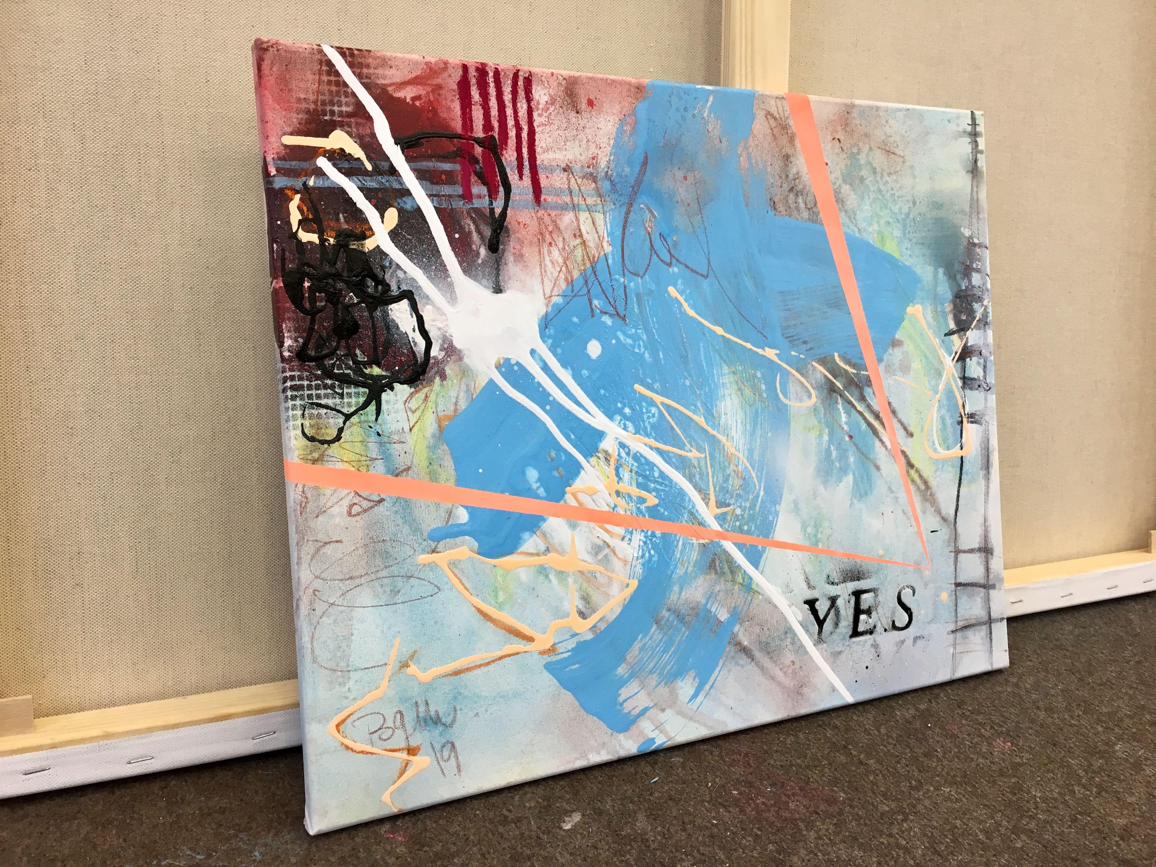 Yes VI - ispirato a Yoko Ono, Pittura, Acrilico su Tela - Abstract Painting Grigio di Bea Schubert
