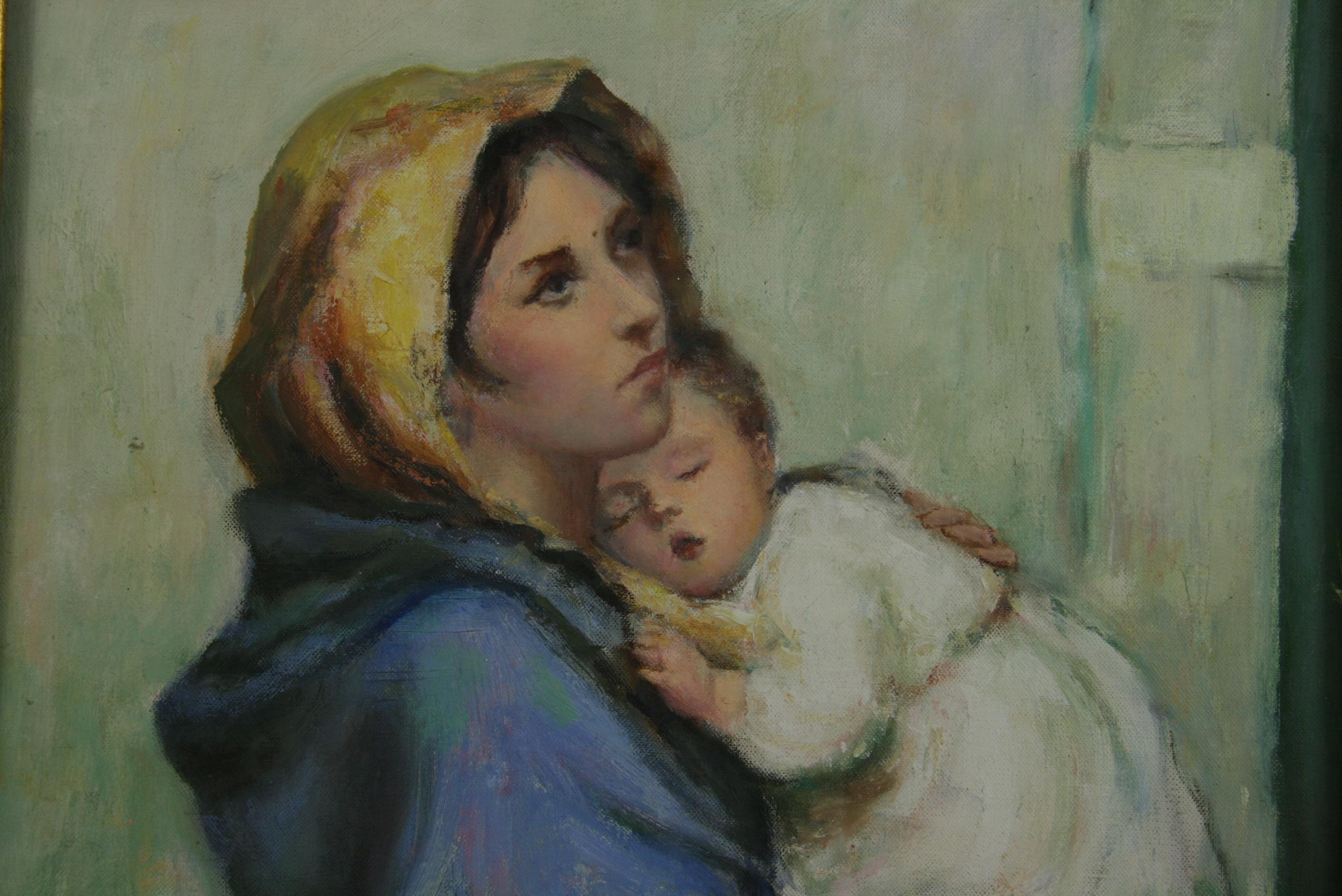 Antique Mother and Child Old World  Figurative Painting For Sale 1