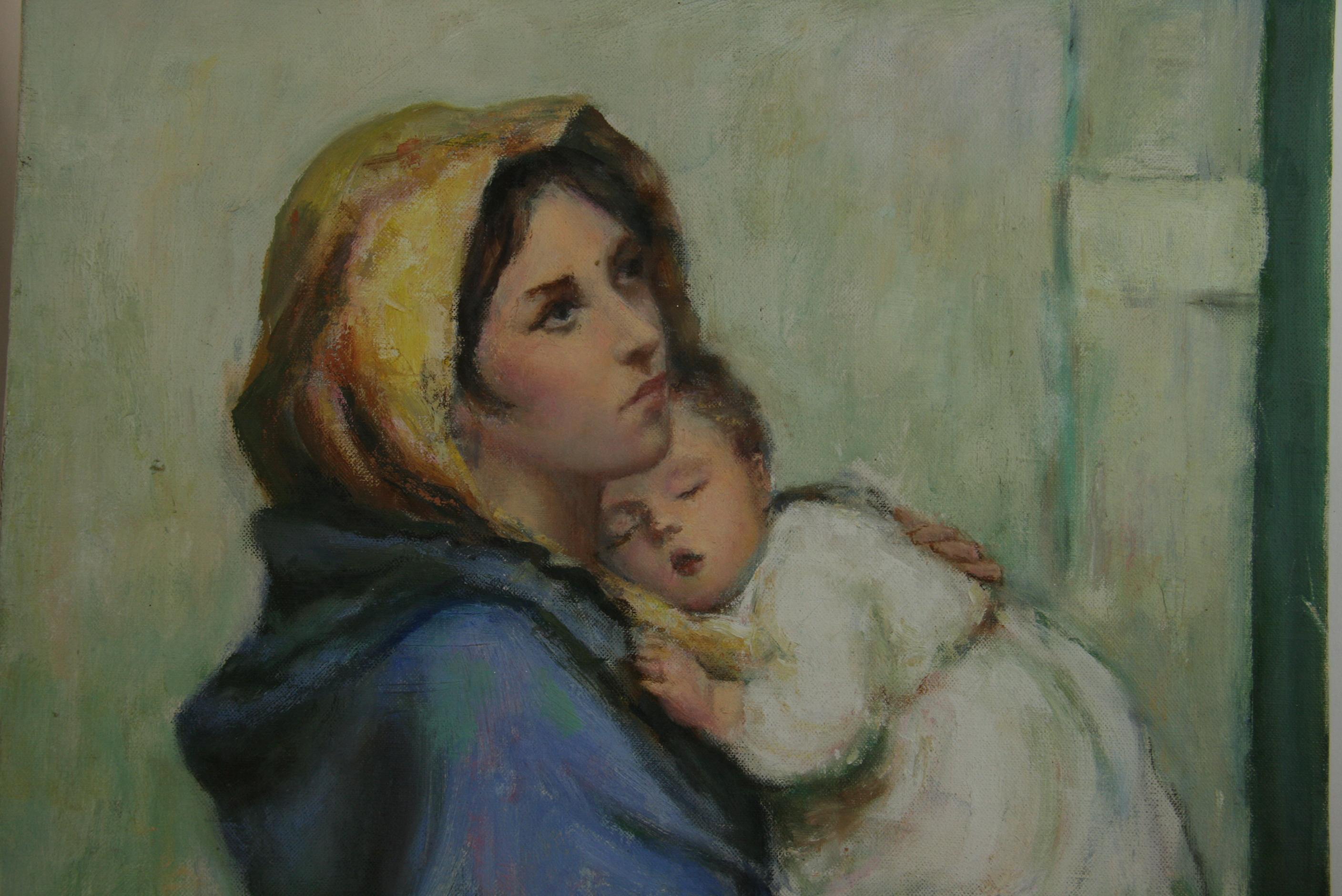 Antique Mother and Child Old World  Figurative Painting For Sale 4