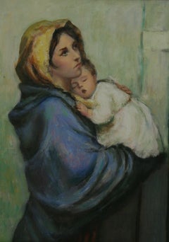 Vintage Mother and Child Old World  Figurative Painting