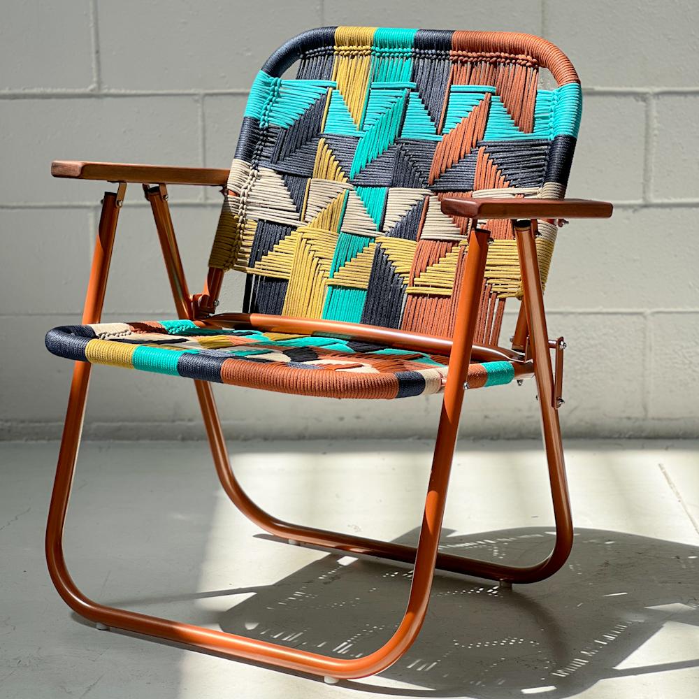 - Trama 10 - main color: navy - secondary colors: mustard, sapphire, ocher, sand.
- structure color: bronze tropical

beach chair, country chair, garden chair, lawn chair, camping chair, folding chair, stylish chair, funky chair, armchair

DENGÔ -
A