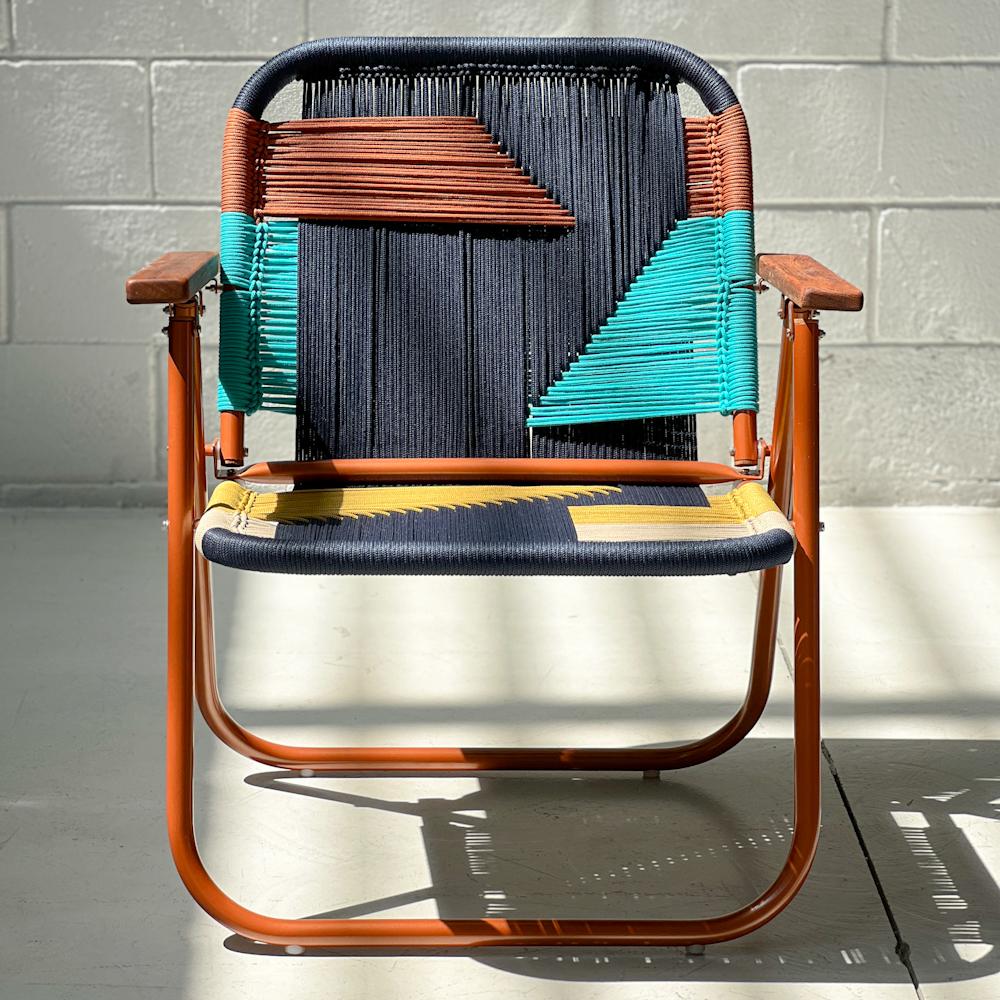 - Trama 7 - main color: navy - secondary colors: mustard, sapphire, ocher, sand.
- structure color: bronze tropical

beach chair, country chair, garden chair, lawn chair, camping chair, folding chair, stylish chair, funky chair, armchair

DENGÔ -
A