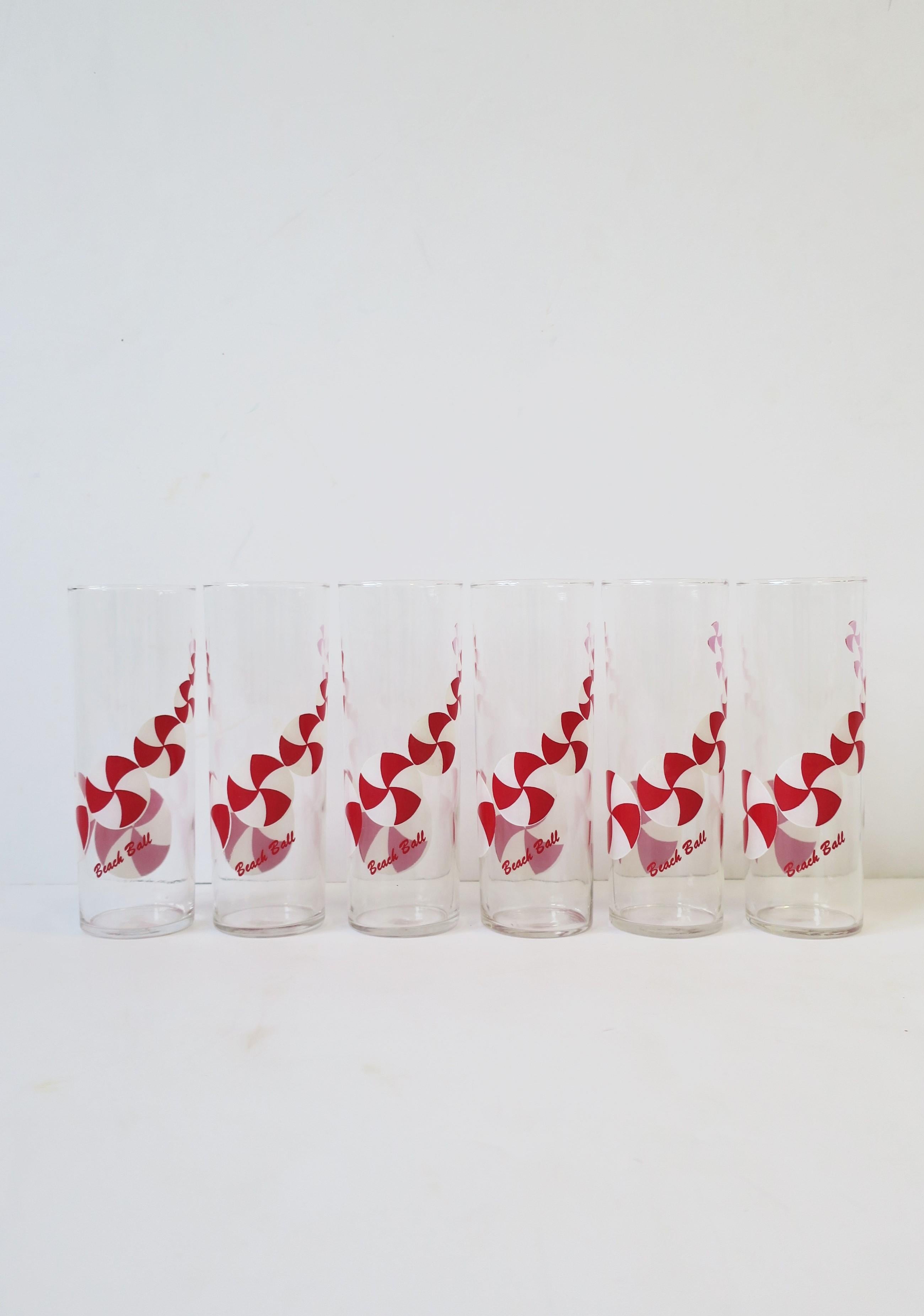 American Summer Cocktail Highball Glasses with Beach Ball Design in Red & White, 1930s For Sale