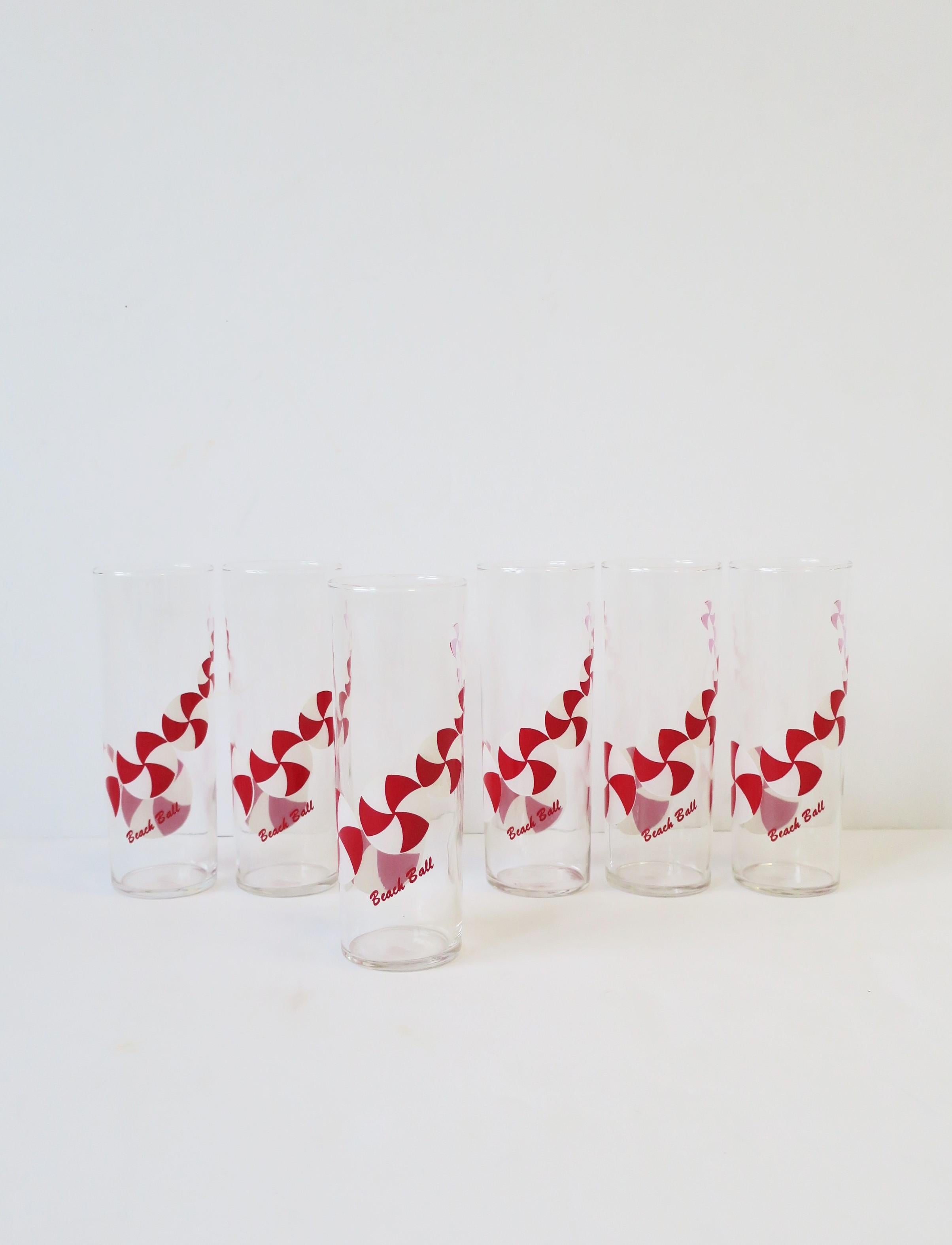 Polychromed Summer Cocktail Highball Glasses with Beach Ball Design in Red & White, 1930s For Sale