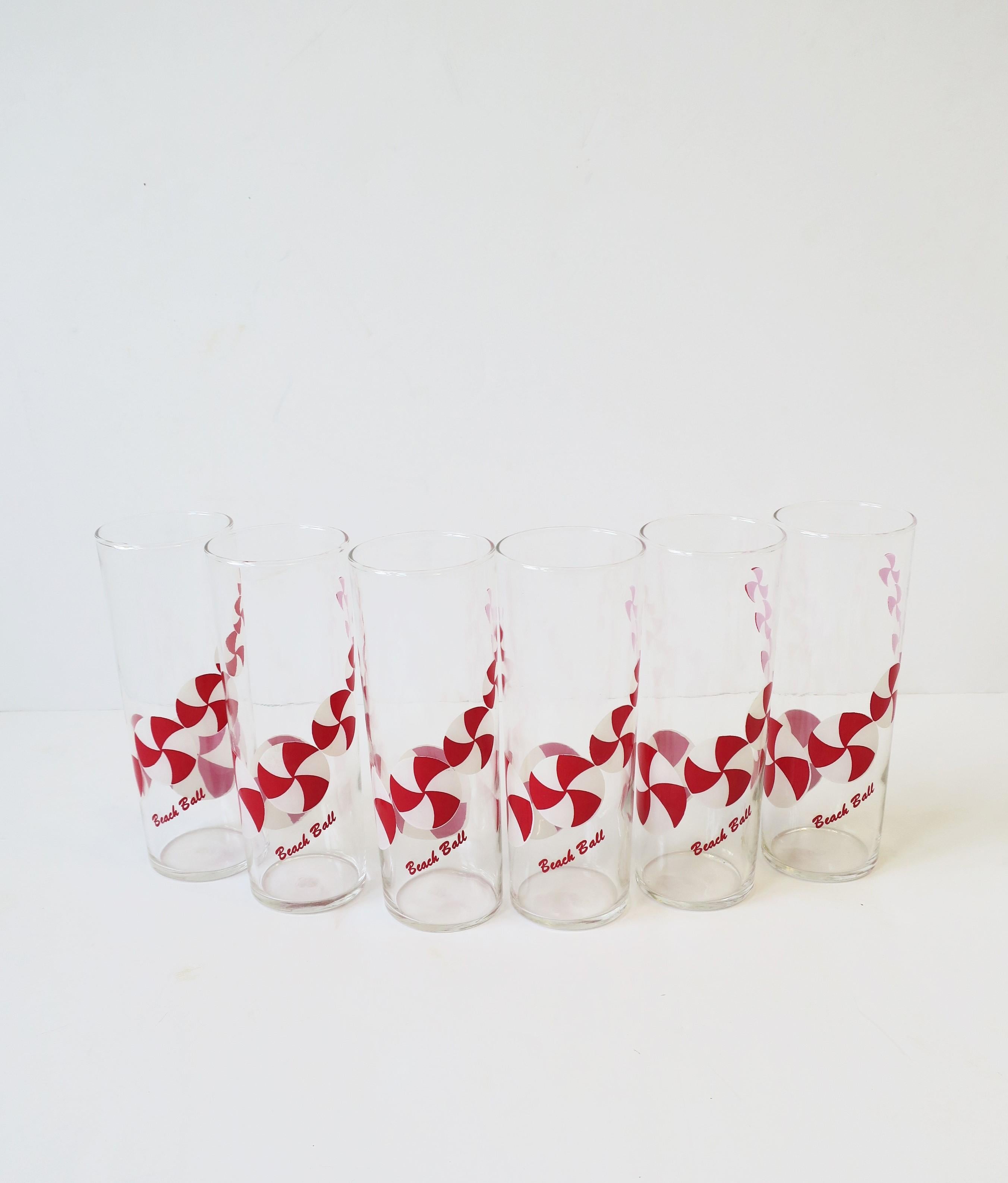 20th Century Summer Cocktail Highball Glasses with Beach Ball Design in Red & White, 1930s For Sale