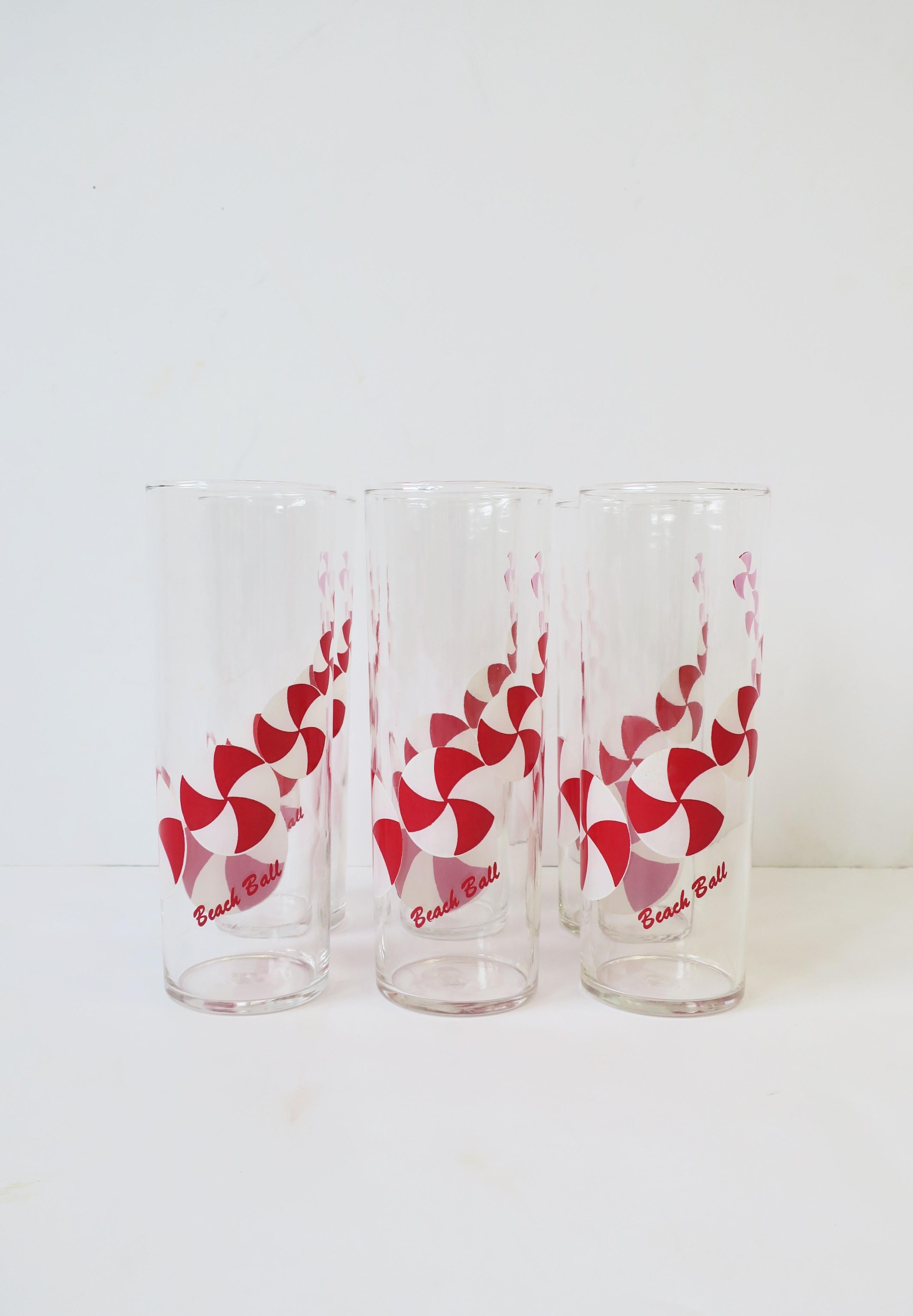 Summer Cocktail Highball Glasses with Beach Ball Design in Red & White, 1930s For Sale 1