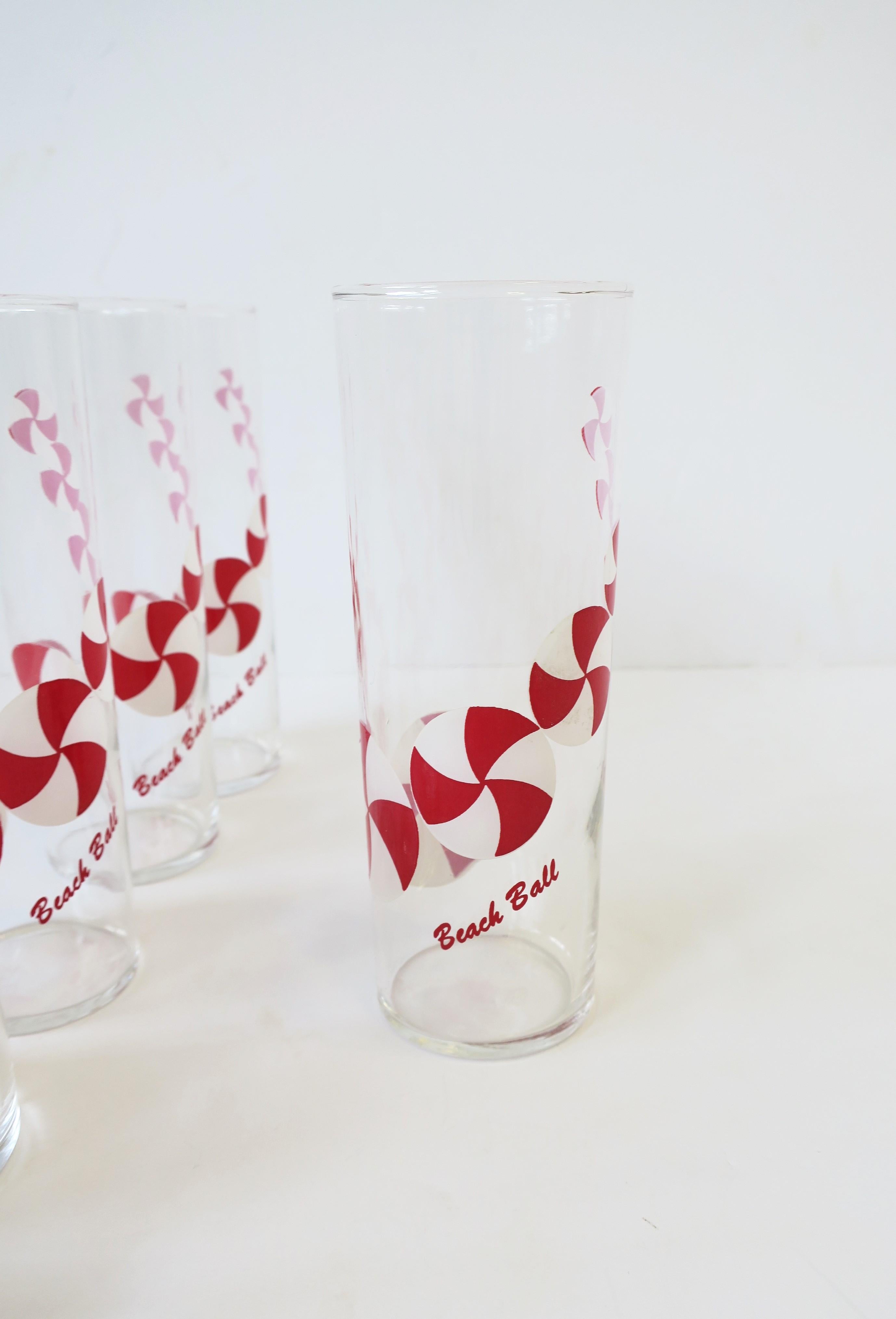 Summer Cocktail Highball Glasses with Beach Ball Design in Red & White, 1930s For Sale 2