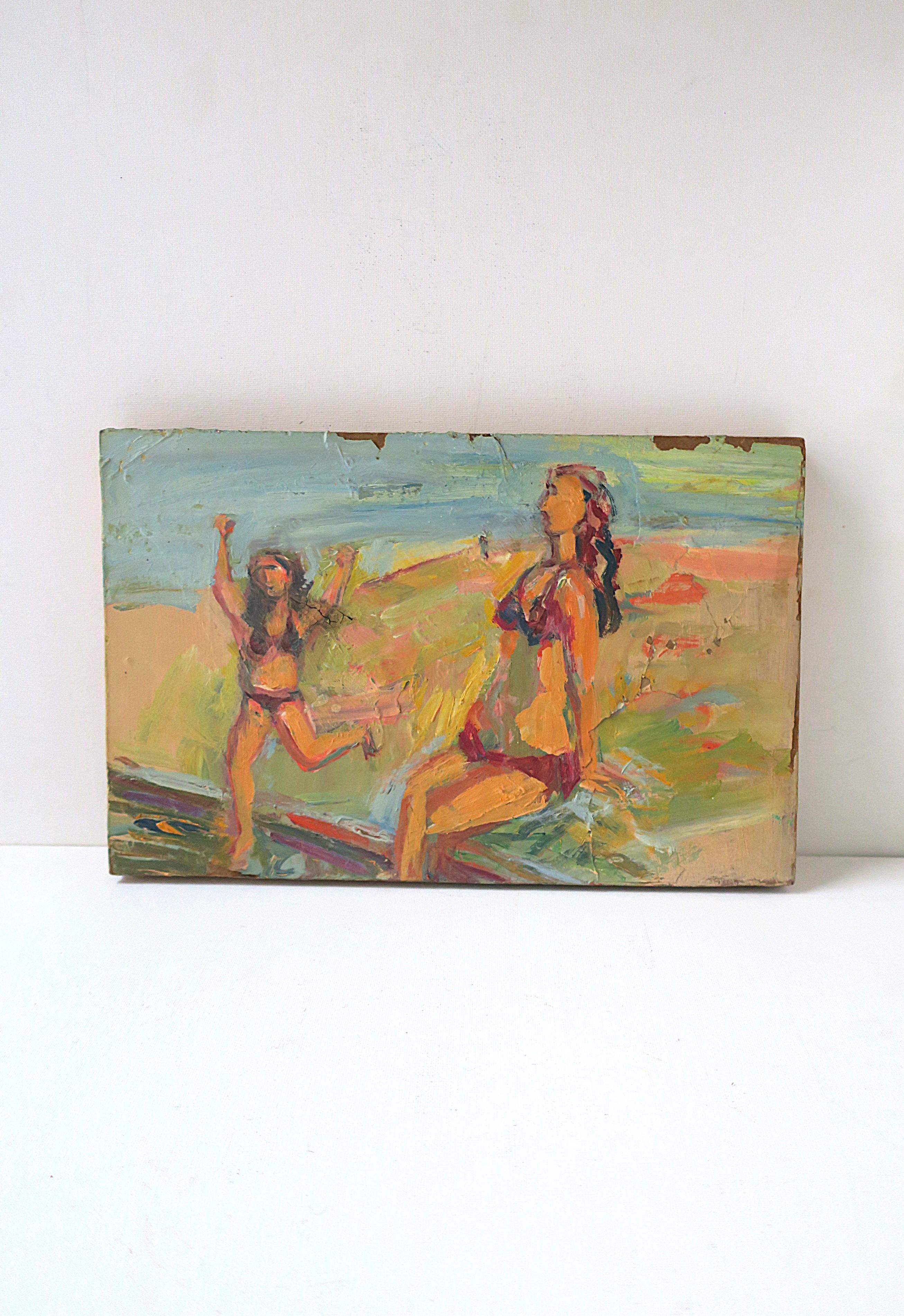 Sommerliche Strandszene mit zwei weiblichen Figuren in roten Bikinis, ca. Mitte bis Ende des 20. Jahrhunderts, USA (New York, East Hampton). Das Gemälde zeigt zwei weibliche Figuren in roten Bikinis, die den Strand mit Wasser im Hintergrund