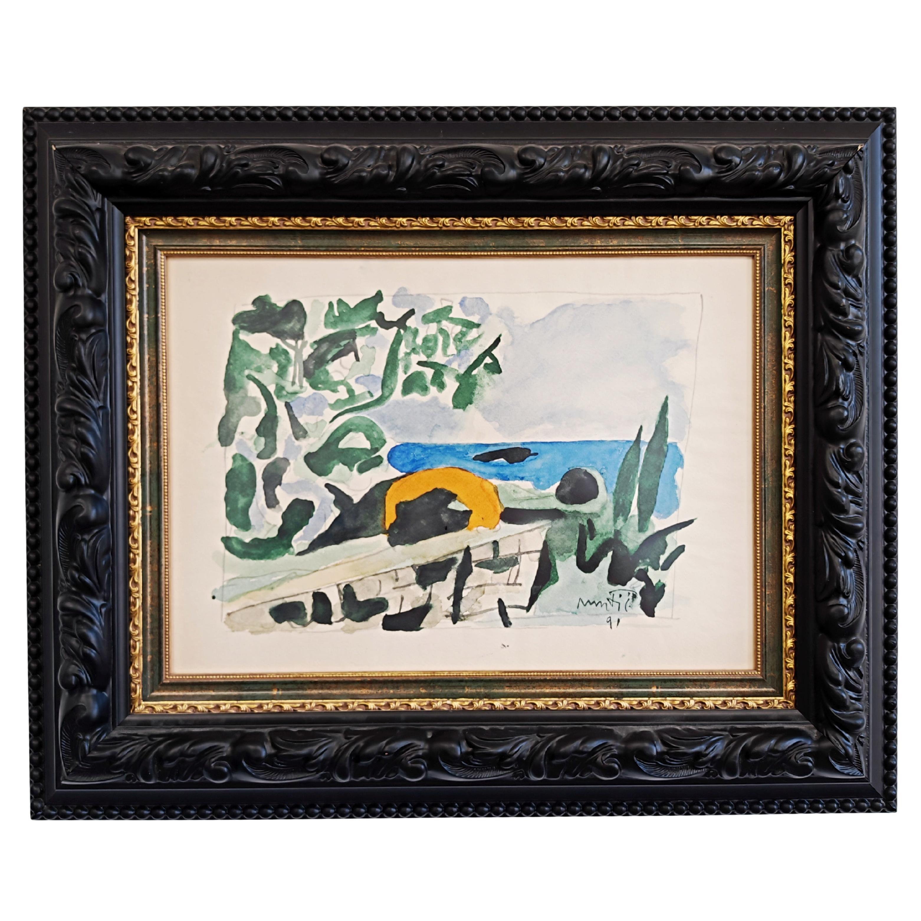 "Beach" by Edo Murtić, aquarelle, Yugoslavia 1991