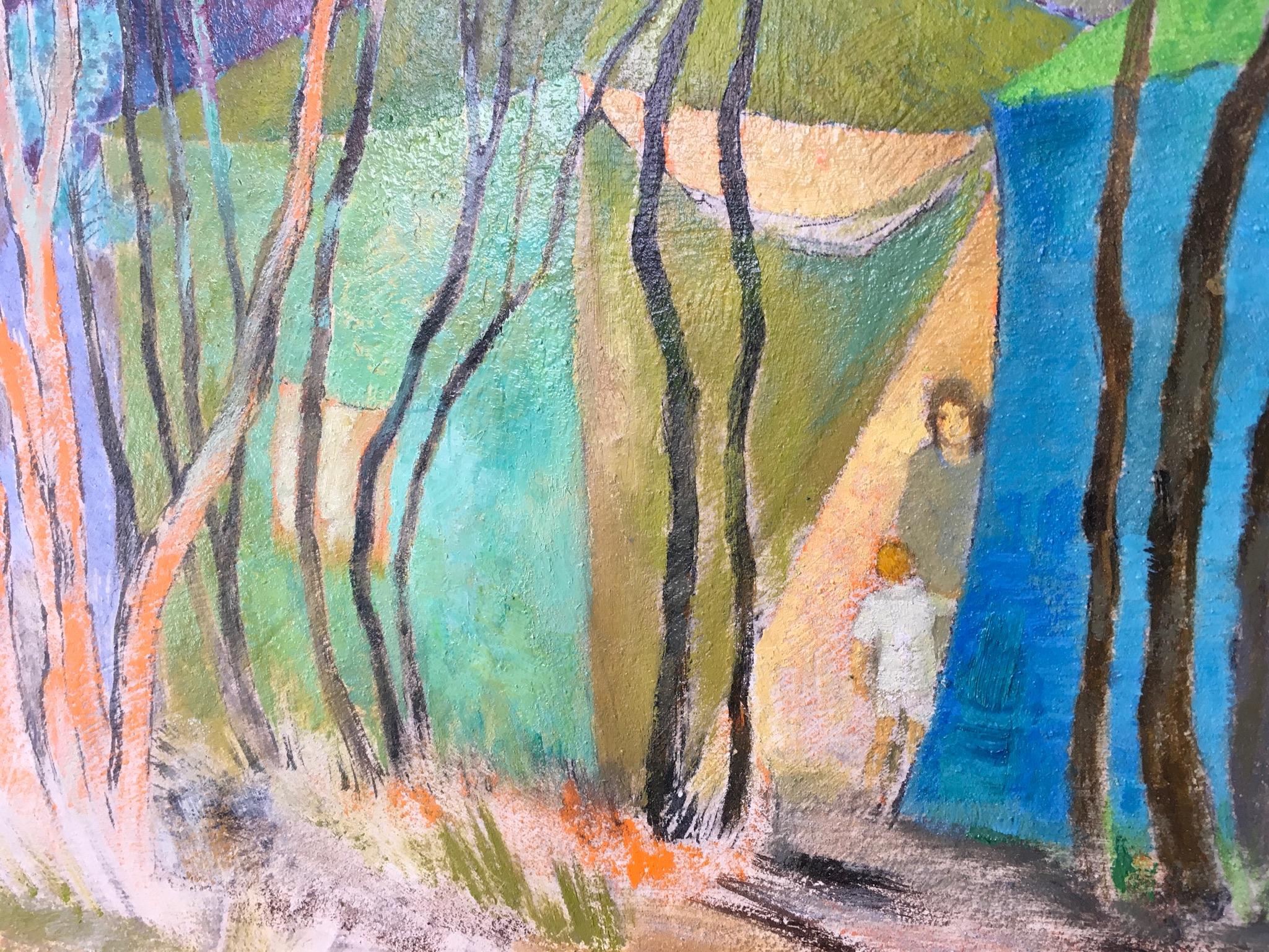Canvas 'Beach Camp' Modernist Oil Painting Signed Anne Montgomery, 1984 For Sale