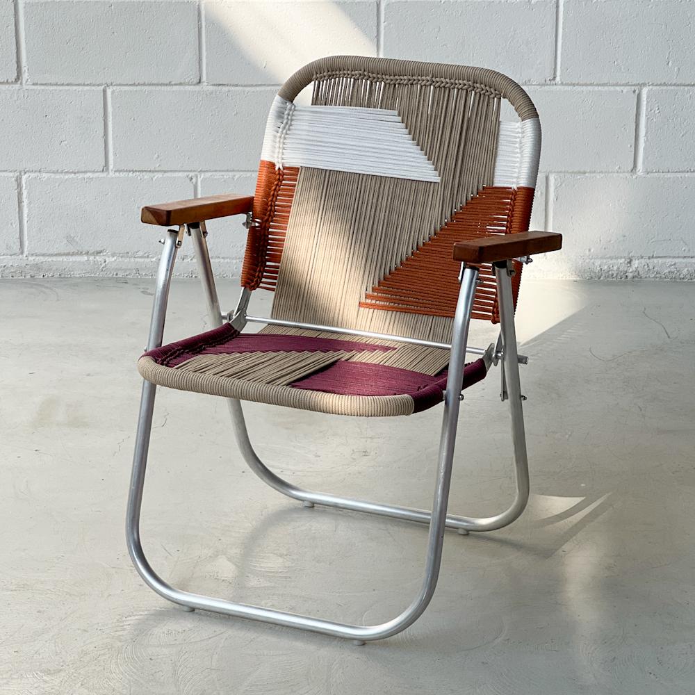 - Trama 7 - main color: sand second color: burgundy, white, ocher.
structure color: natural Aluminum

beach chair, country chair, garden chair, lawn chair, camping chair, folding chair, stylish chair, funky chair

DENGÔ -
A handmade work, which