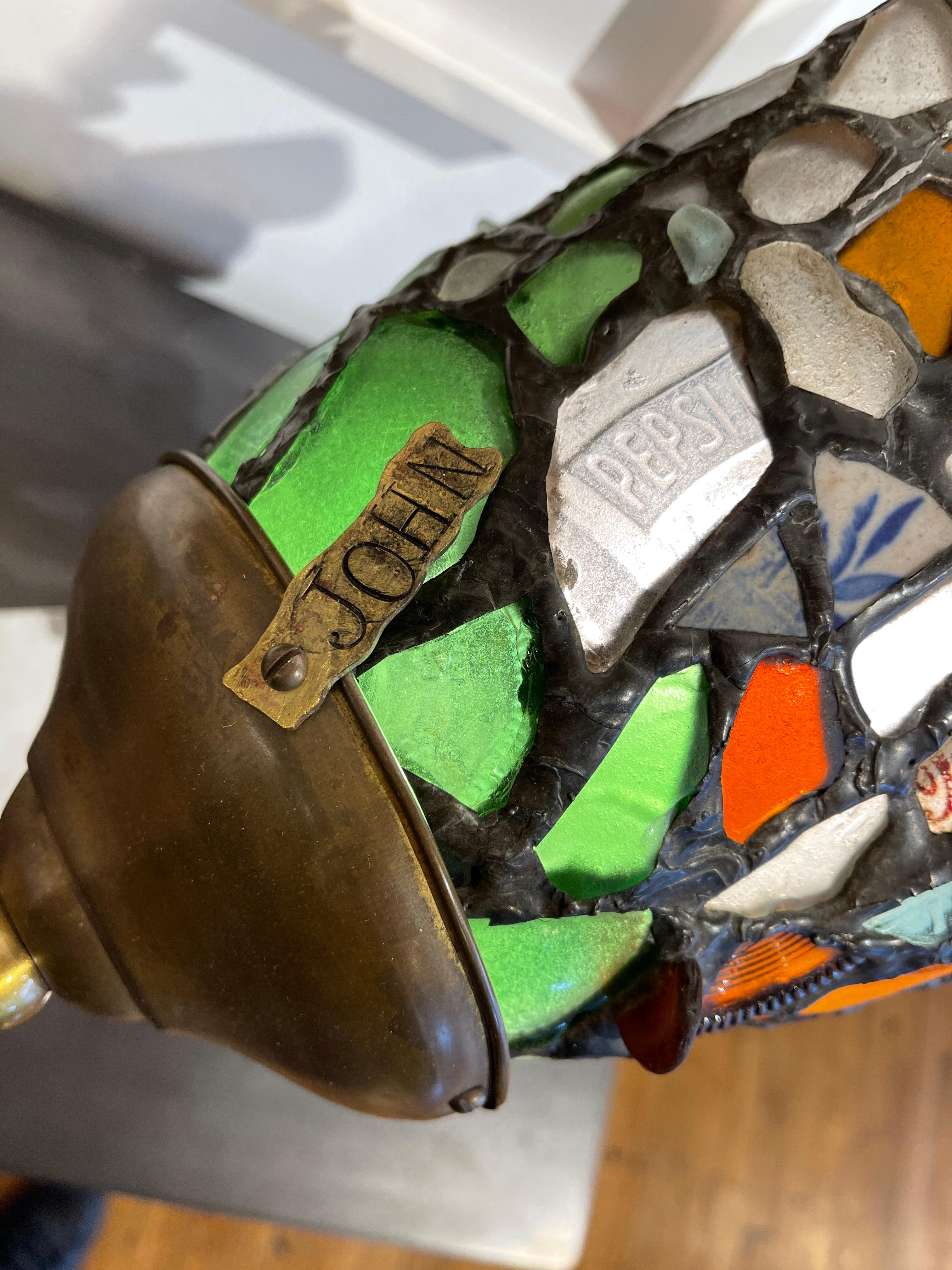 Beach Glass and Found Object Lamp Sculpture Made Using Copper Foil