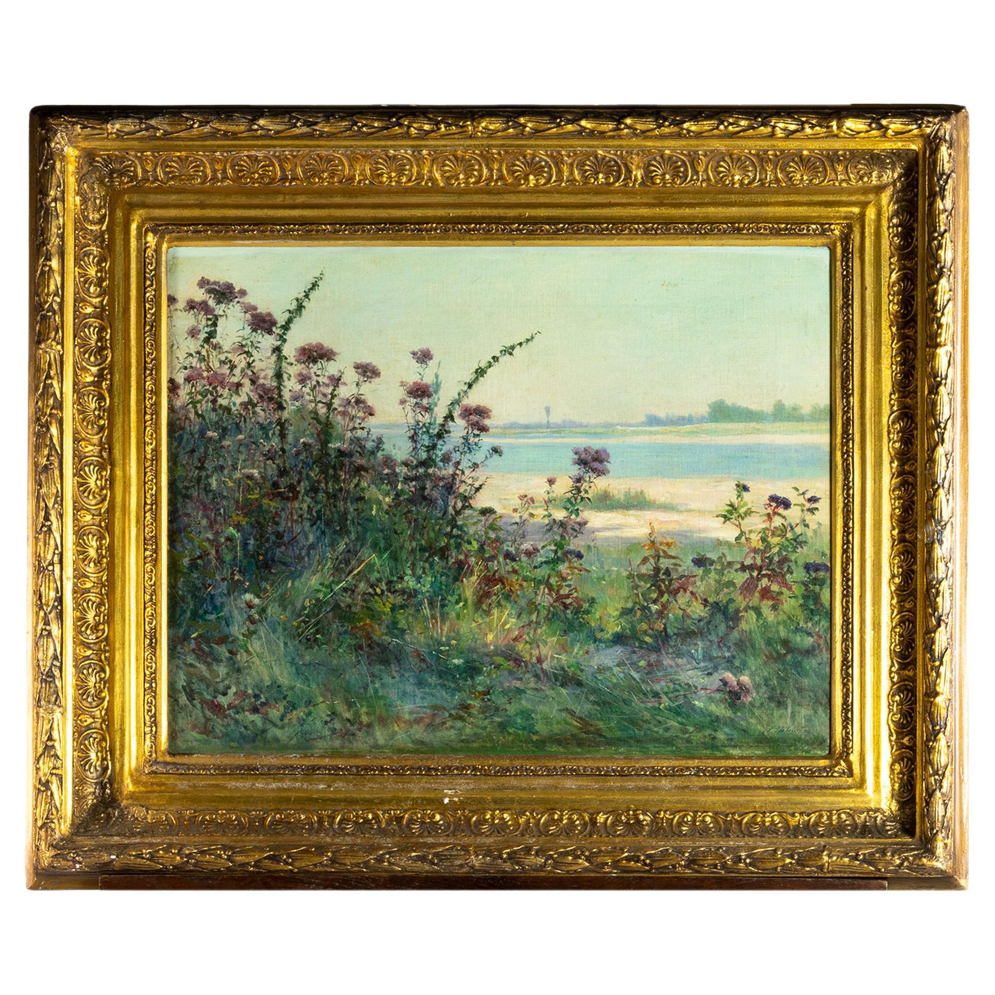 Strand-Landschaftsgemälde von Auguste Michel Nobillet, 19. Jahrhundert, vergoldeter Rahmen
