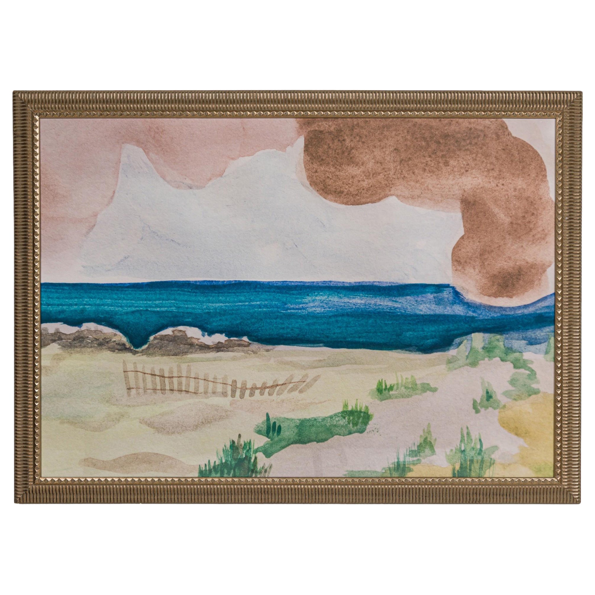 Beach Landscape with Fence and Dunes in Gold Frame For Sale