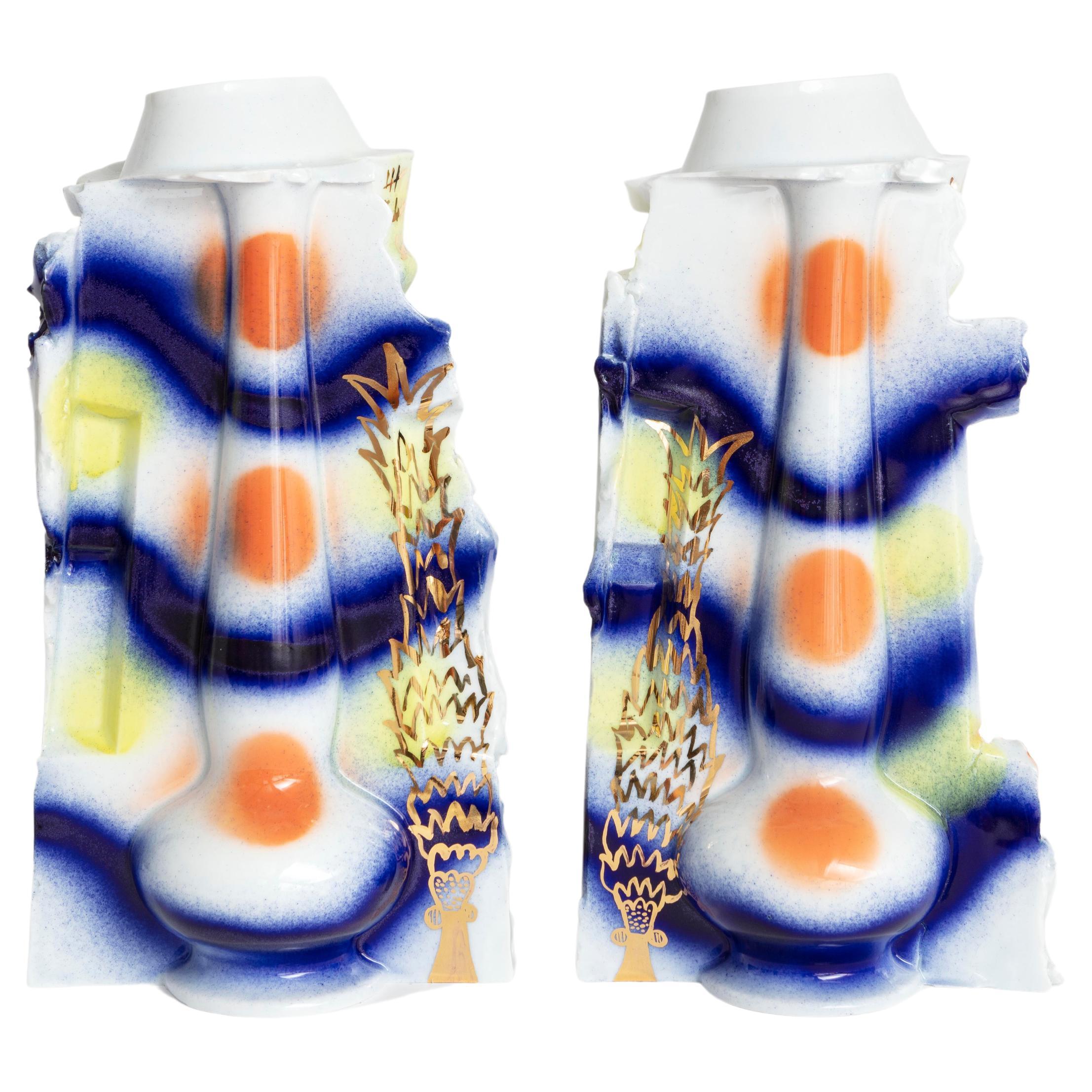 "Beach party" decorated enameled porcelain vase, serie of 2 For Sale