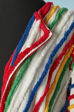 Beach Robe in white cotton and multicolor fringes stripes Circa 1930's/40's