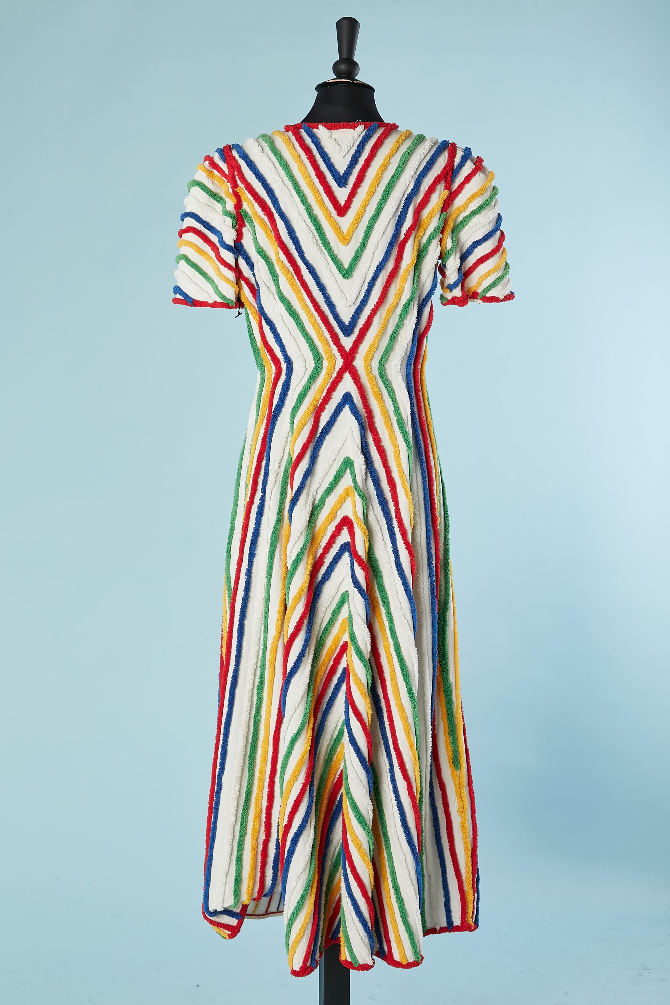 Women's Beach Robe in white cotton and multicolor fringes stripes Circa 1930's/40's For Sale