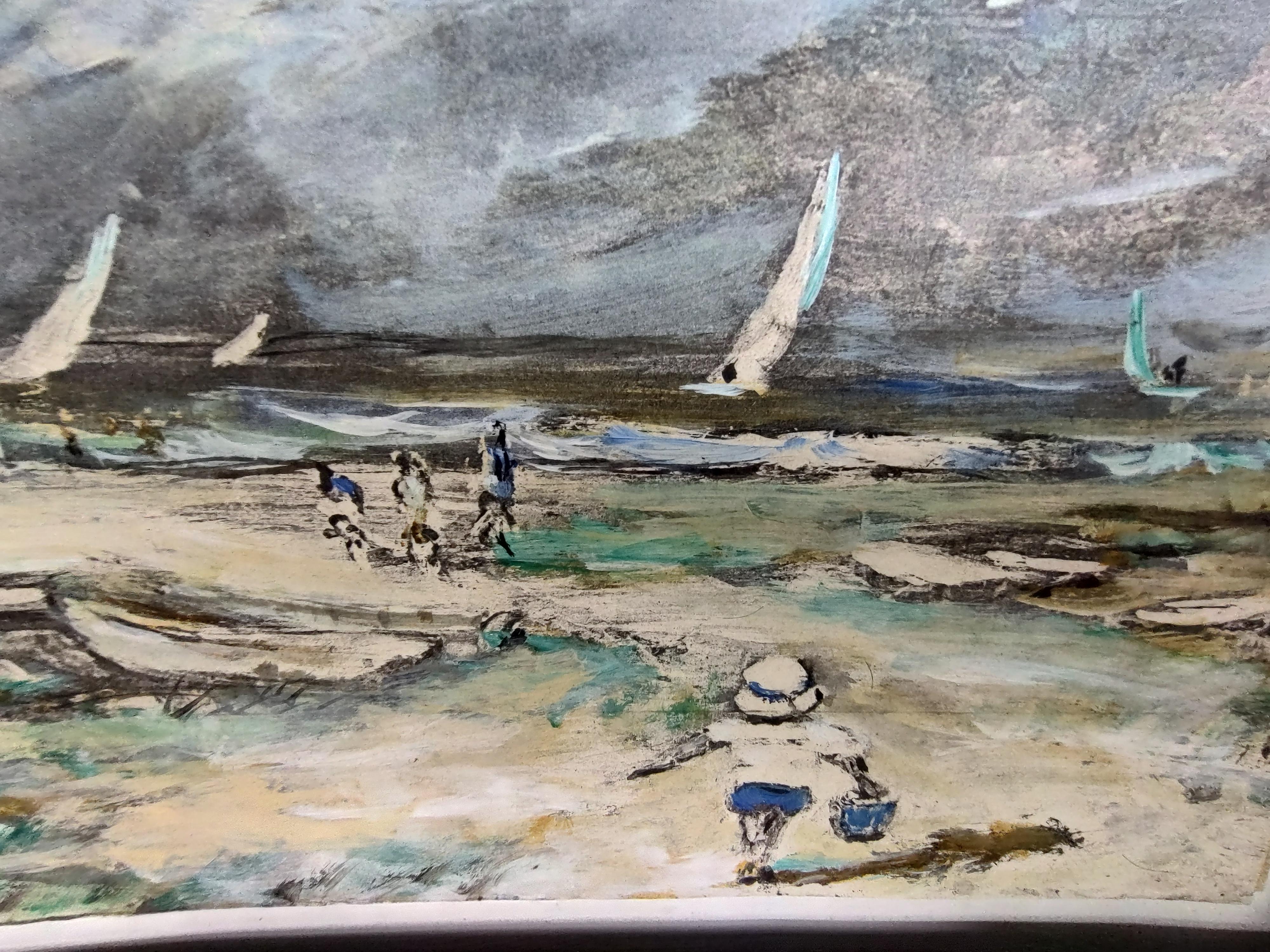 Well executed oil on paper beach scene by J Winston Lawler. Virginian painter of his local scenes. Matted without a frame. In excellent vintage condition. One of many paintings by j. Winston Lawler that we are selling.