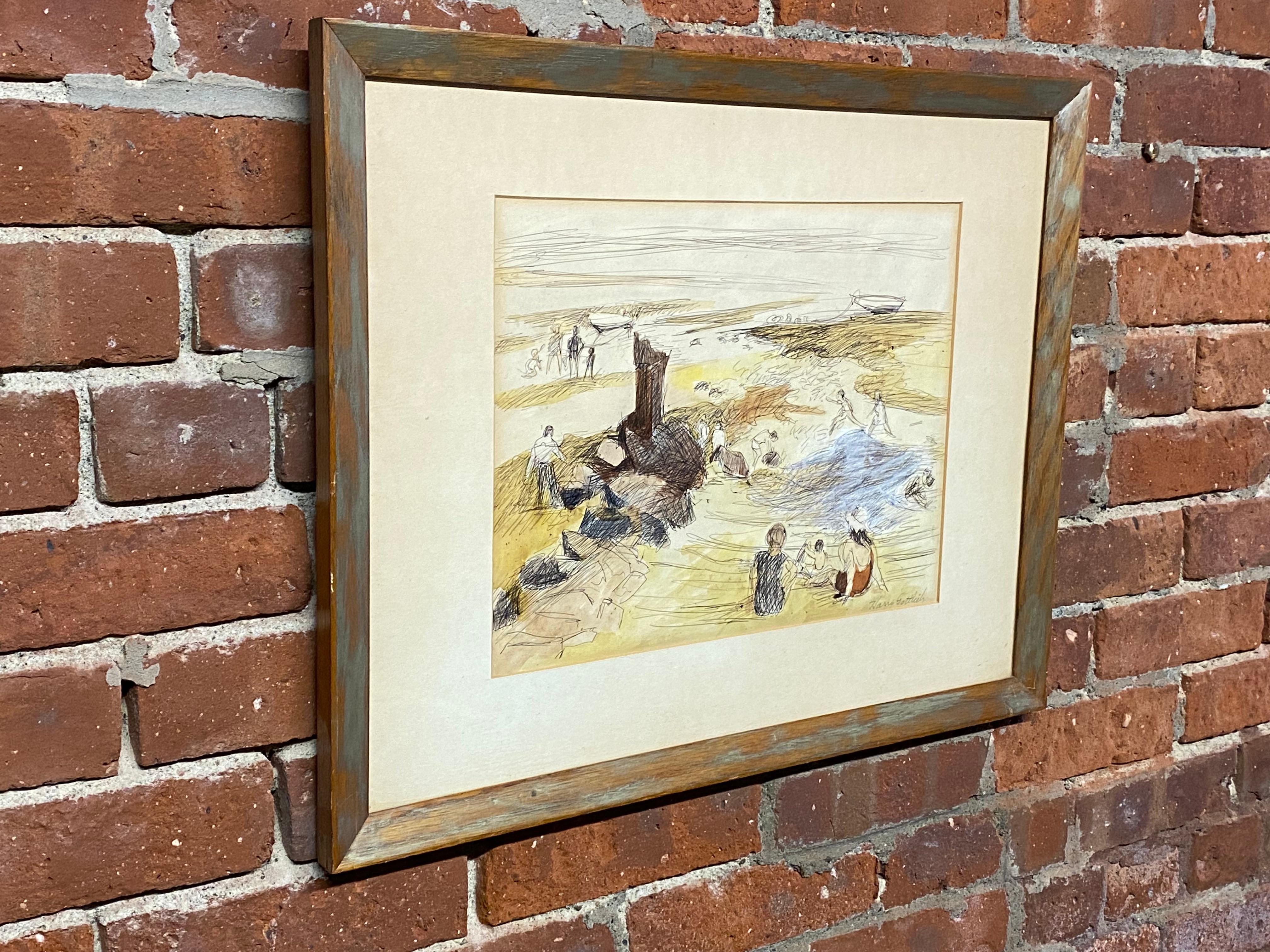 Mixed media watercolor and ink beach scene. Watercolor on paper. Signed Harry Gottlieb lower right corner. Distressed gray paint on an oak frame, matted under glass. Circa 1940-50. The piece has not been viewed out of the frame. Good overall