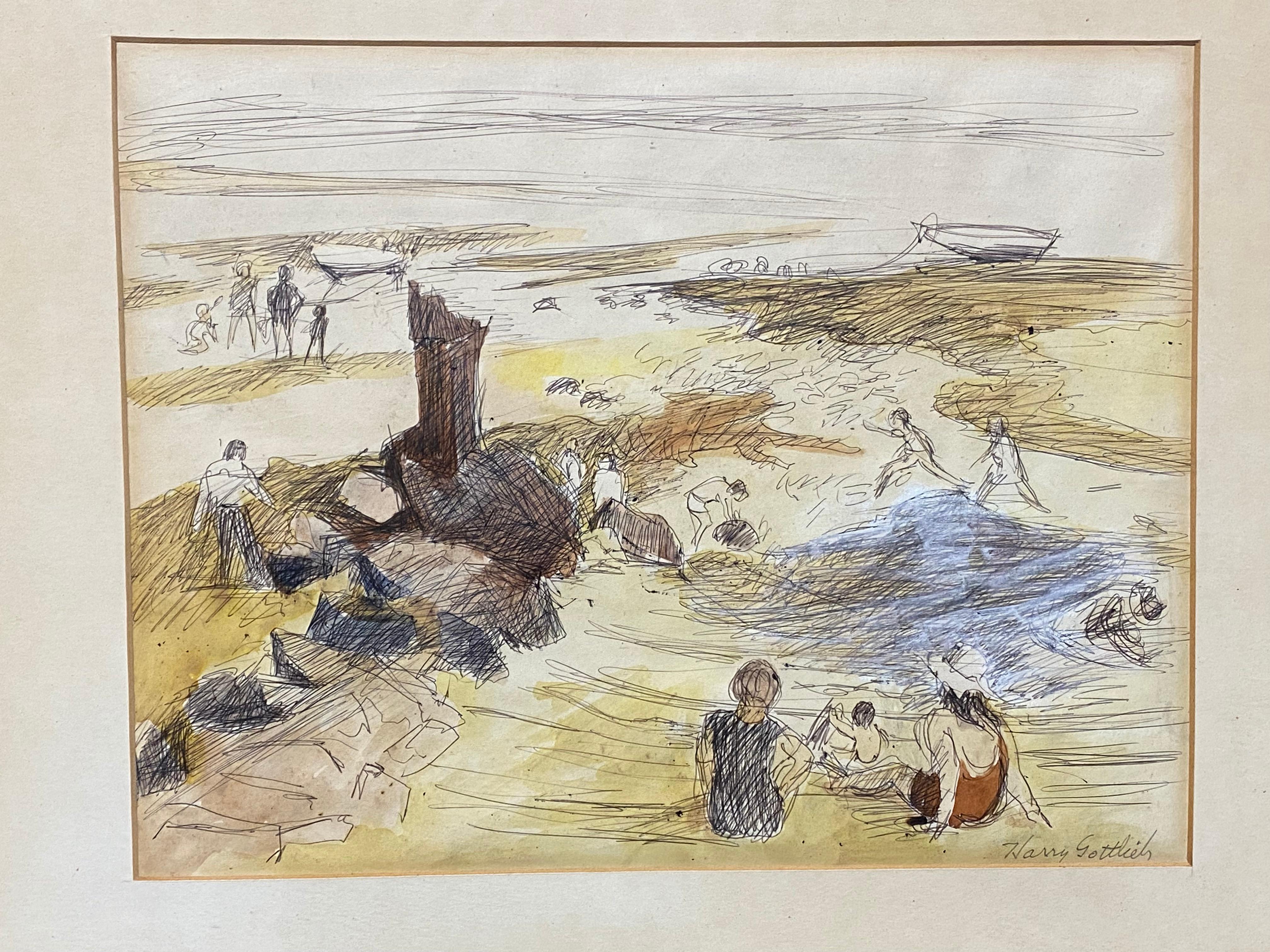 Beach Scene Mixed Media Watercolor by Harry Gottlieb In Good Condition In Garnerville, NY