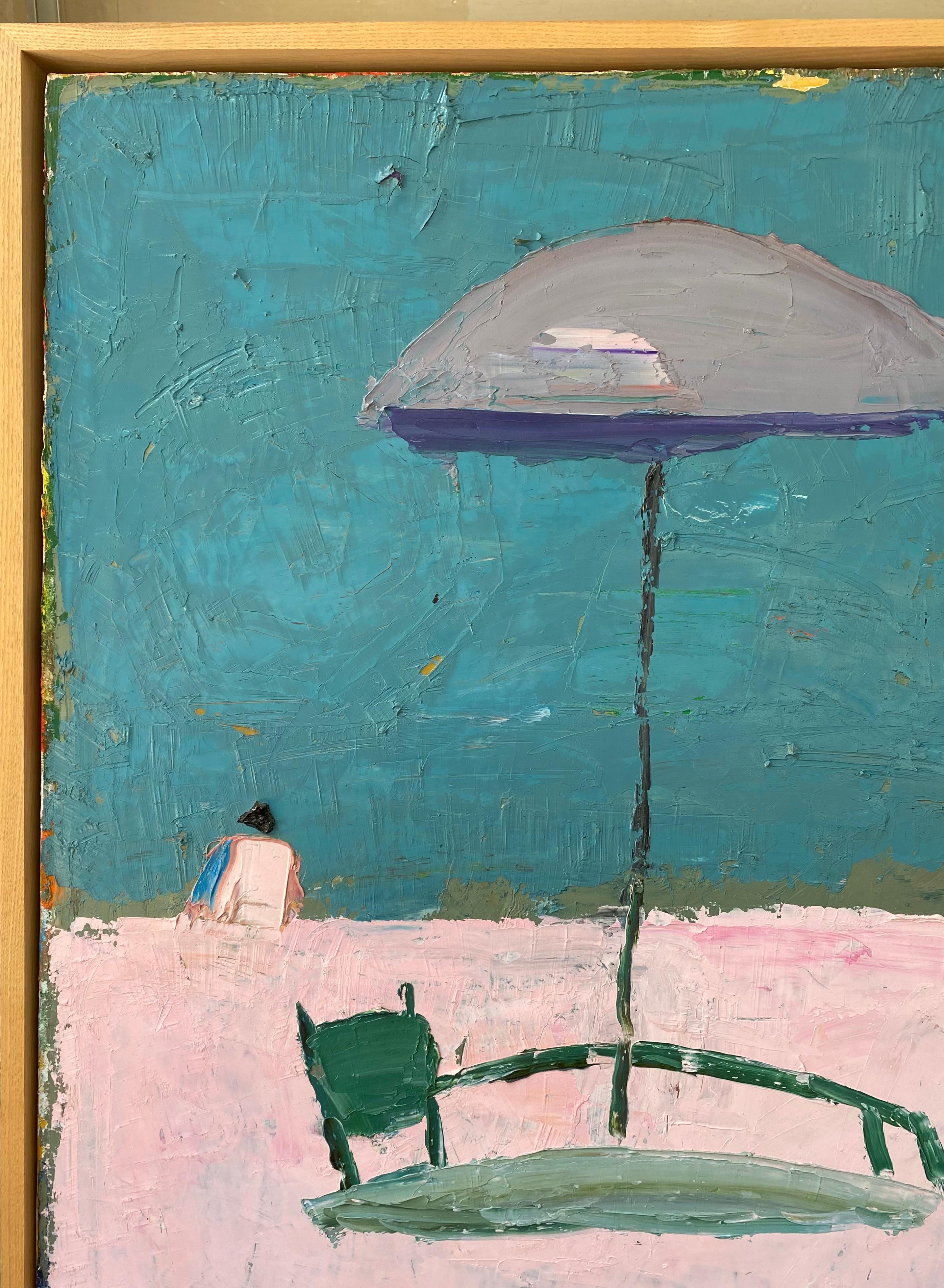 Une charmante scène de plage avec des parasols, des chaises de plage et un personnage solitaire, peinte par l'artiste Theodore Turner, aujourd'hui décédé, basé en Virginie. Hille était peut-être plus connu pour ses paysages, dont certains