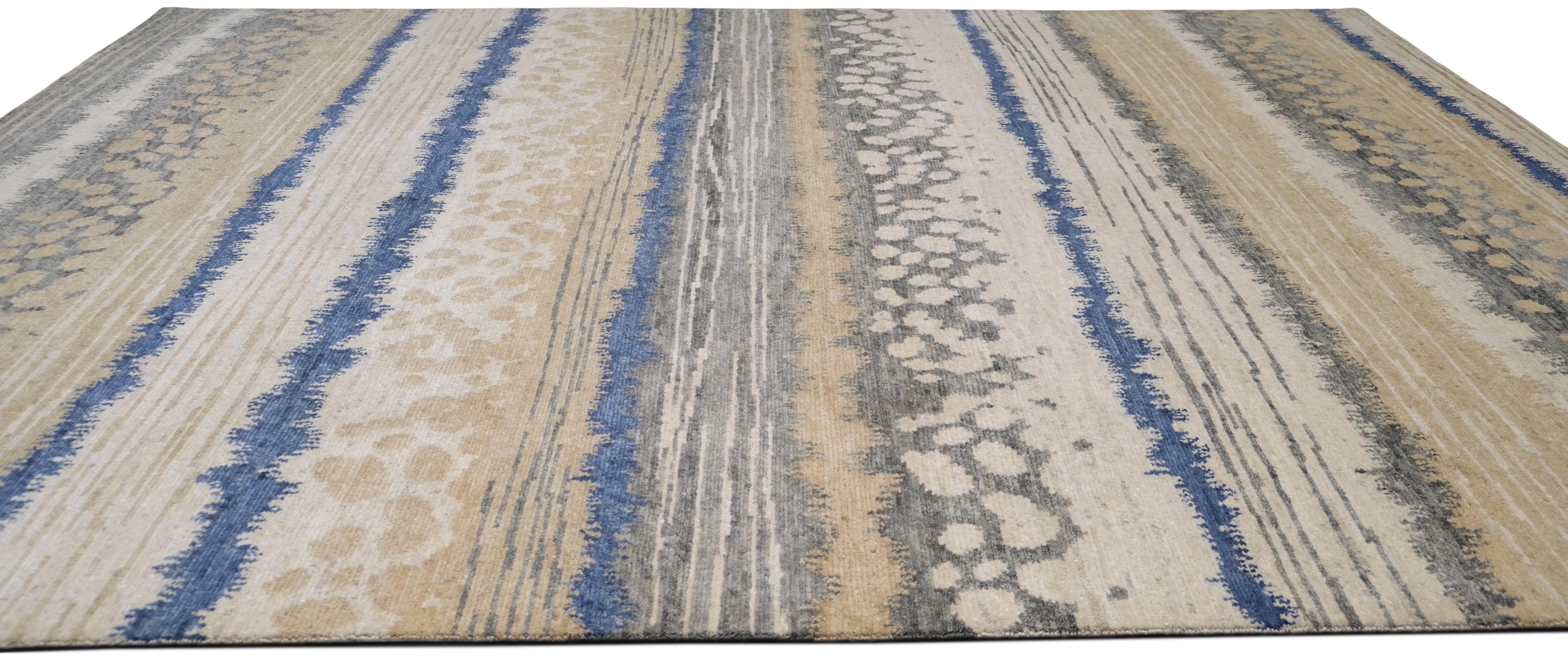 Moderne Tapis Beachy Modern Ocean Layered Patterned en laine 9'1''x12'1'' en vente