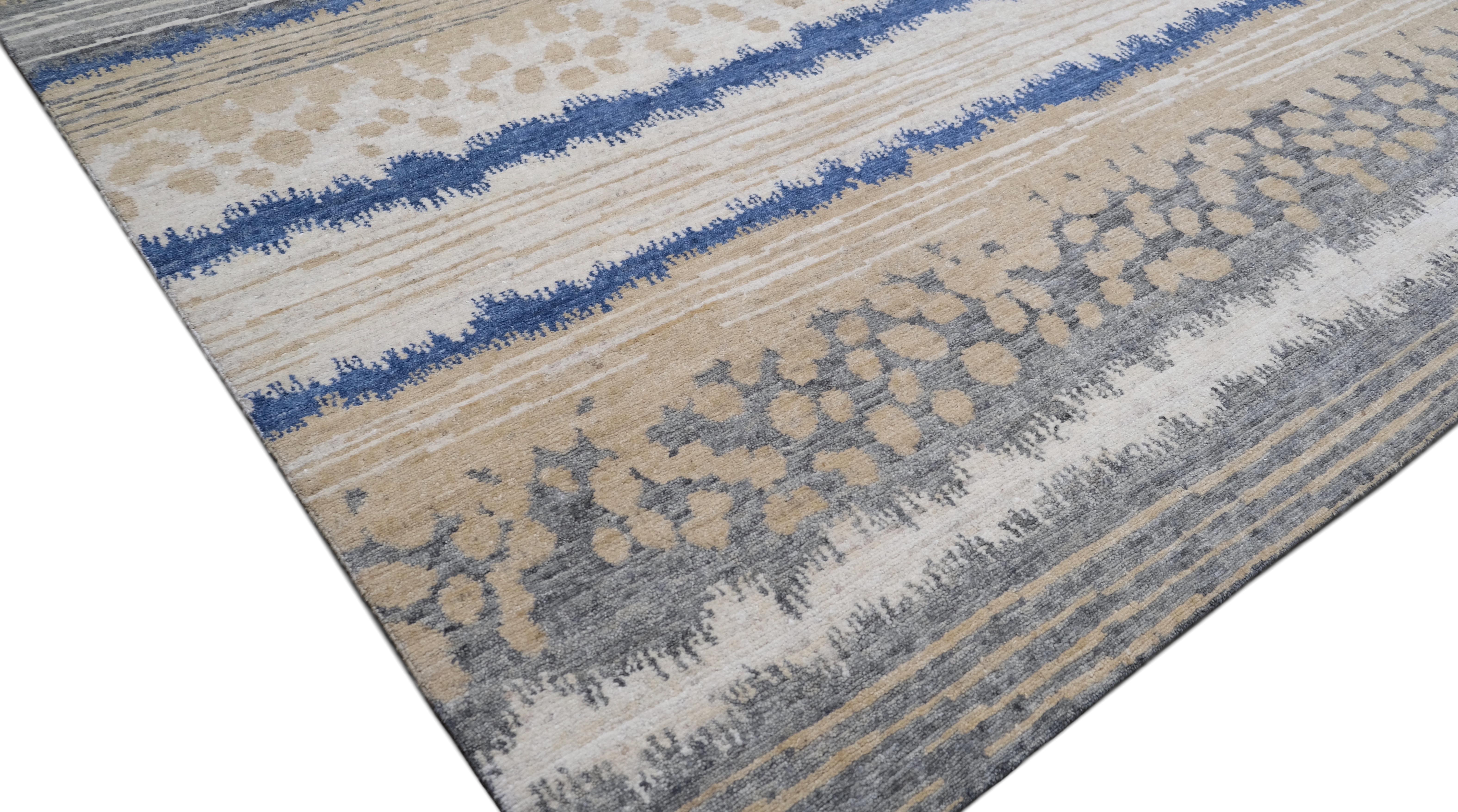 Laine Tapis Beachy Modern Ocean Layered Patterned en laine 9'1''x12'1'' en vente