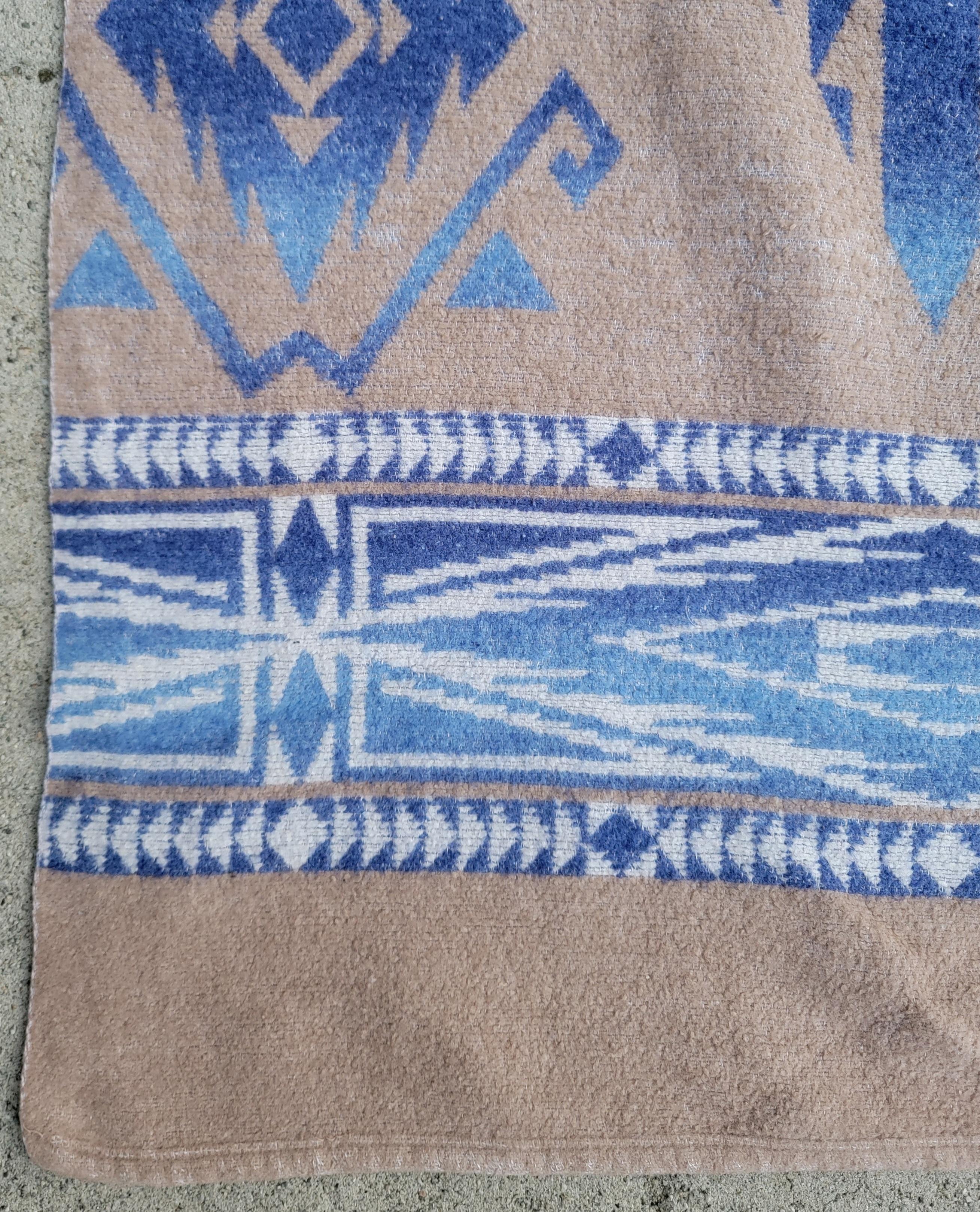 Vintage Blue, Beige, and White Beacon Blanket with Navajo Design.