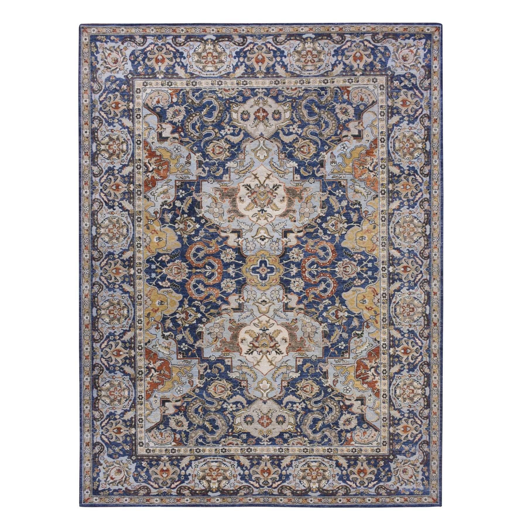 Beacon Blue Antique Persian Isphahan Inspired Wool Hand Knotted Rug 9'x12'3" For Sale