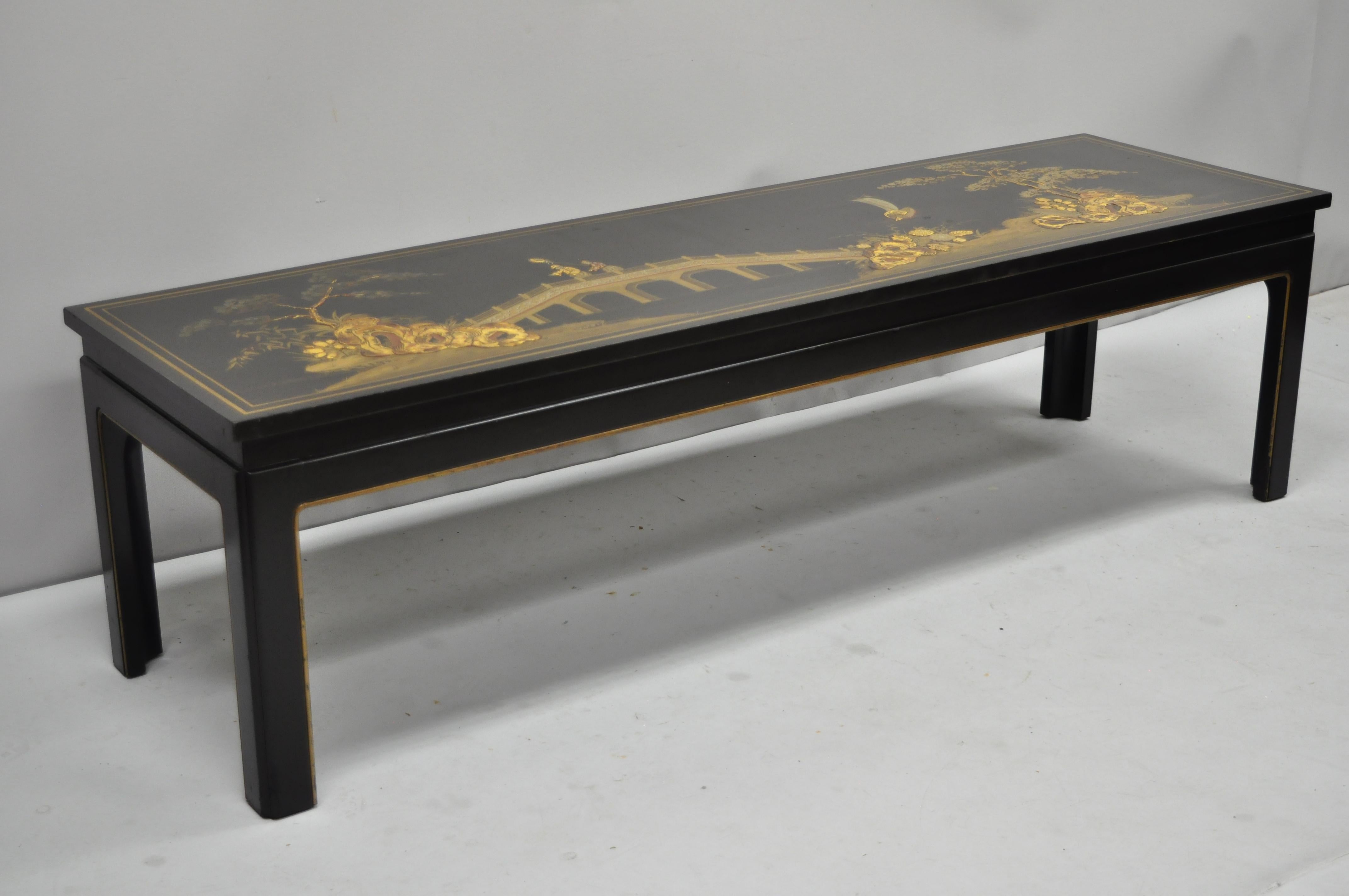 Antique Beacon Hill Collection George III Chinoiserie black lacquer painted coffee table. Item features black lacquer finish, gold hand painted Chinese figural scenes, solid wood frame, original label, quality American craftsmanship, great style and