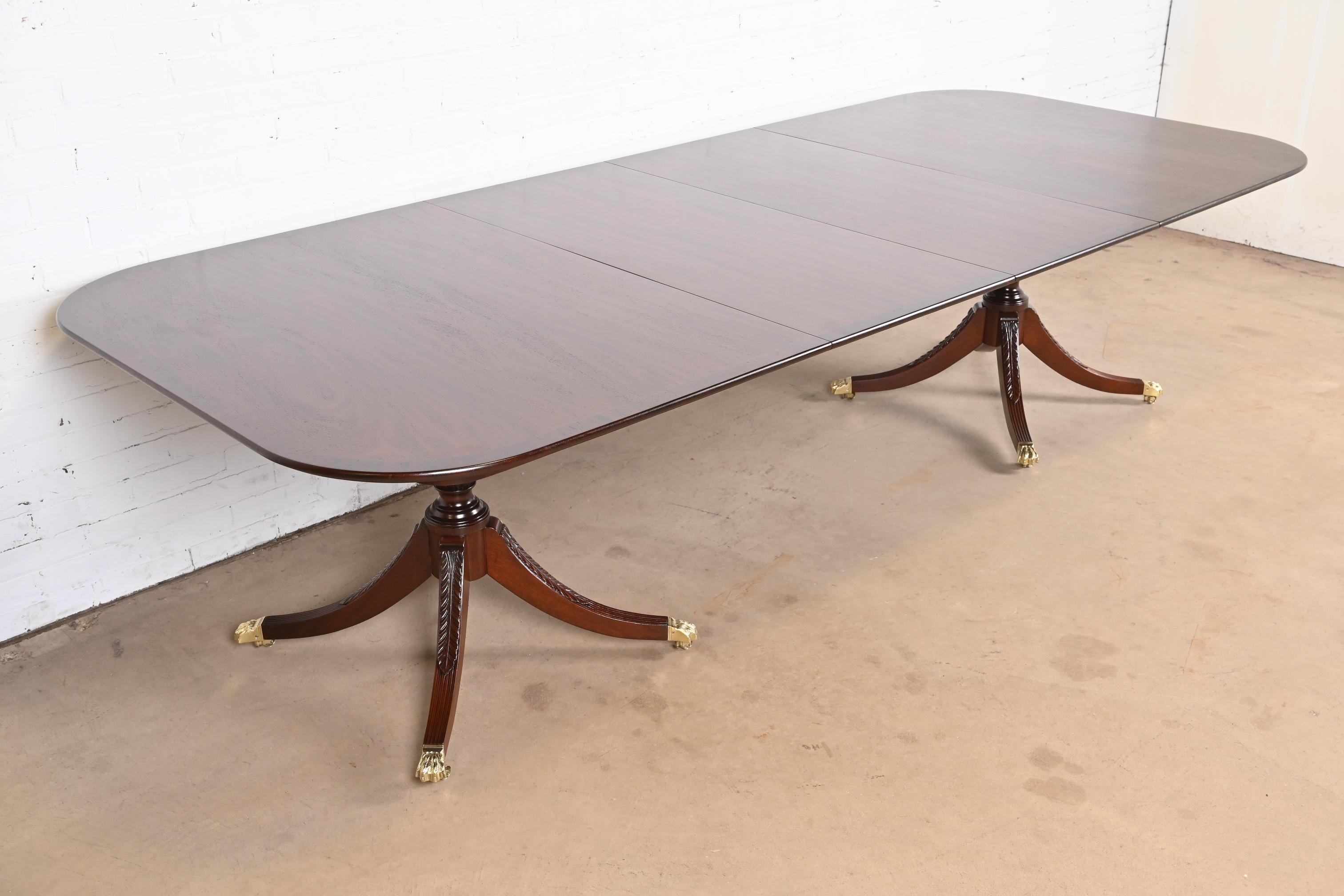 Brass Beacon Hill Georgian Mahogany Double Pedestal Dining Table, Newly Refinished