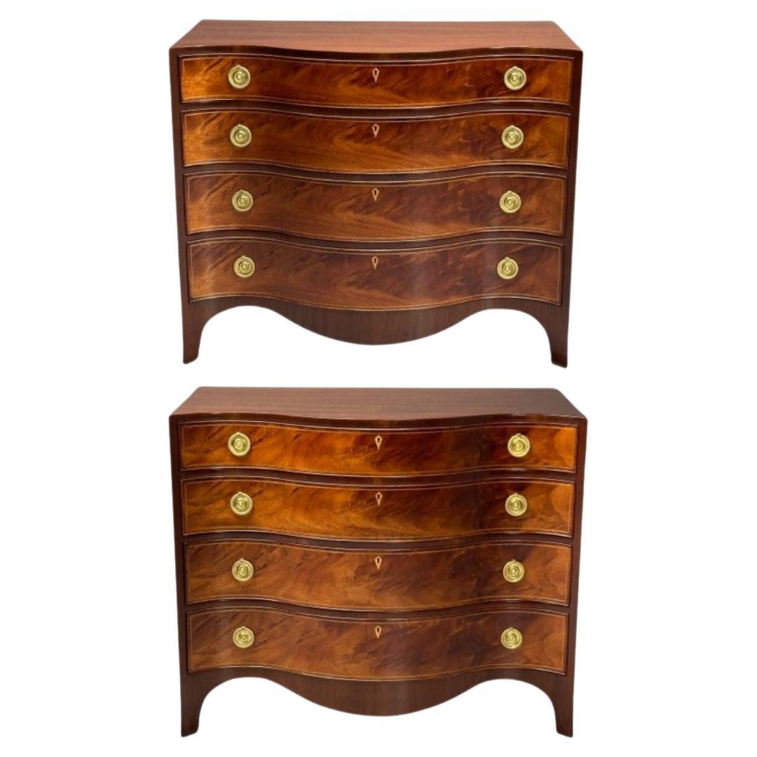 Beacon Hill, Georgian, Serpentine Commodes, Flame Mahogany, Brass, 1960s