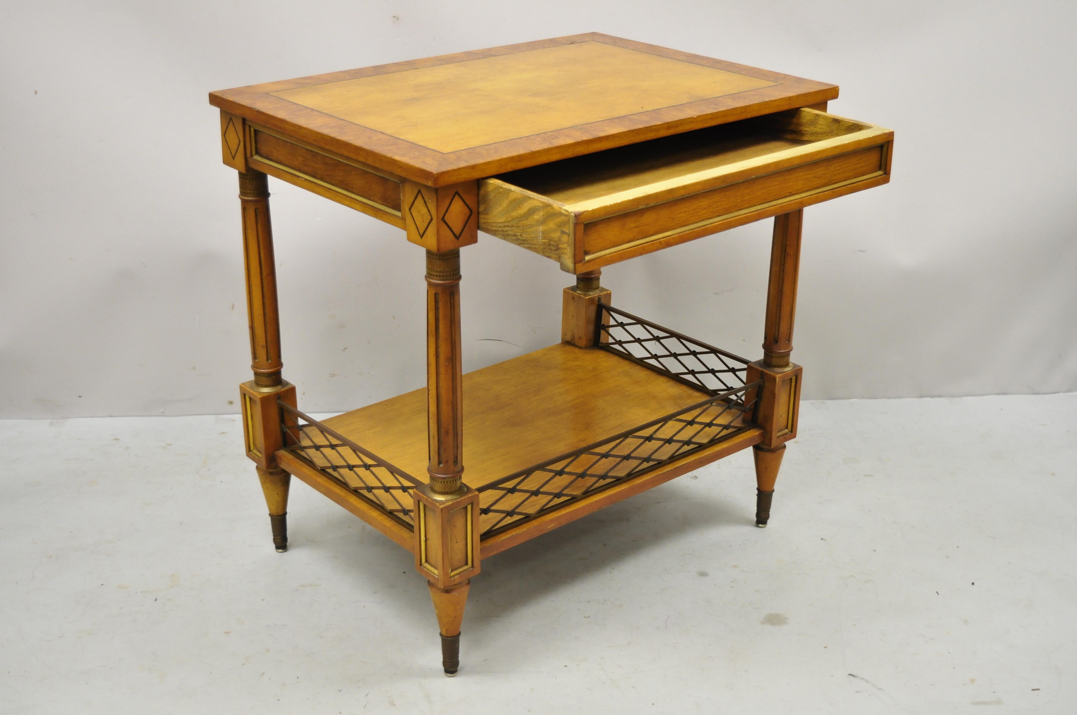 Beacon Hill Italian Regency Neoclassical One Drawer Burl Wood Accent side table. Item features burl wood banded top, brass ormolu, lower shelf, 1 dovetailed drawer, very nice vintage item, quality American craftsmanship, great style and form. Circa