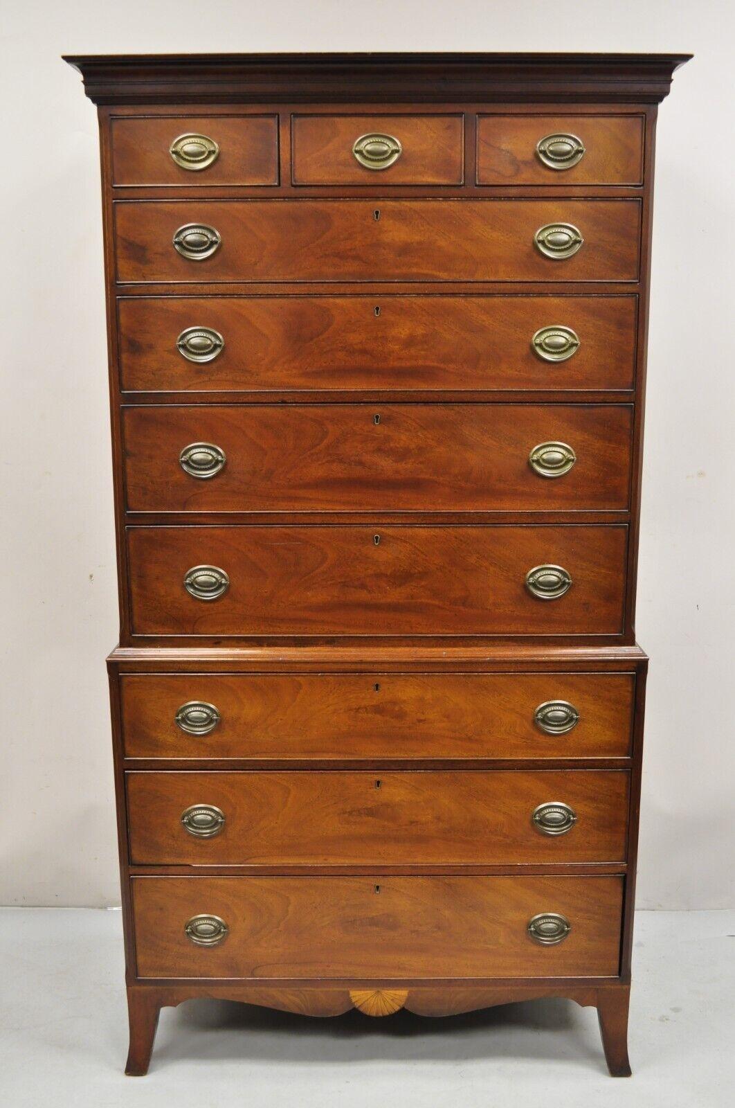 Beacon Hill Mahogany Federal Style 10 Drawer Highboy Chest on Chest Dresser. Item features 2 part construction, 10 drawers. pencil and pinwheel inlay, working locking key, original label, quality American craftsmanship. Circa Early 20th Century.