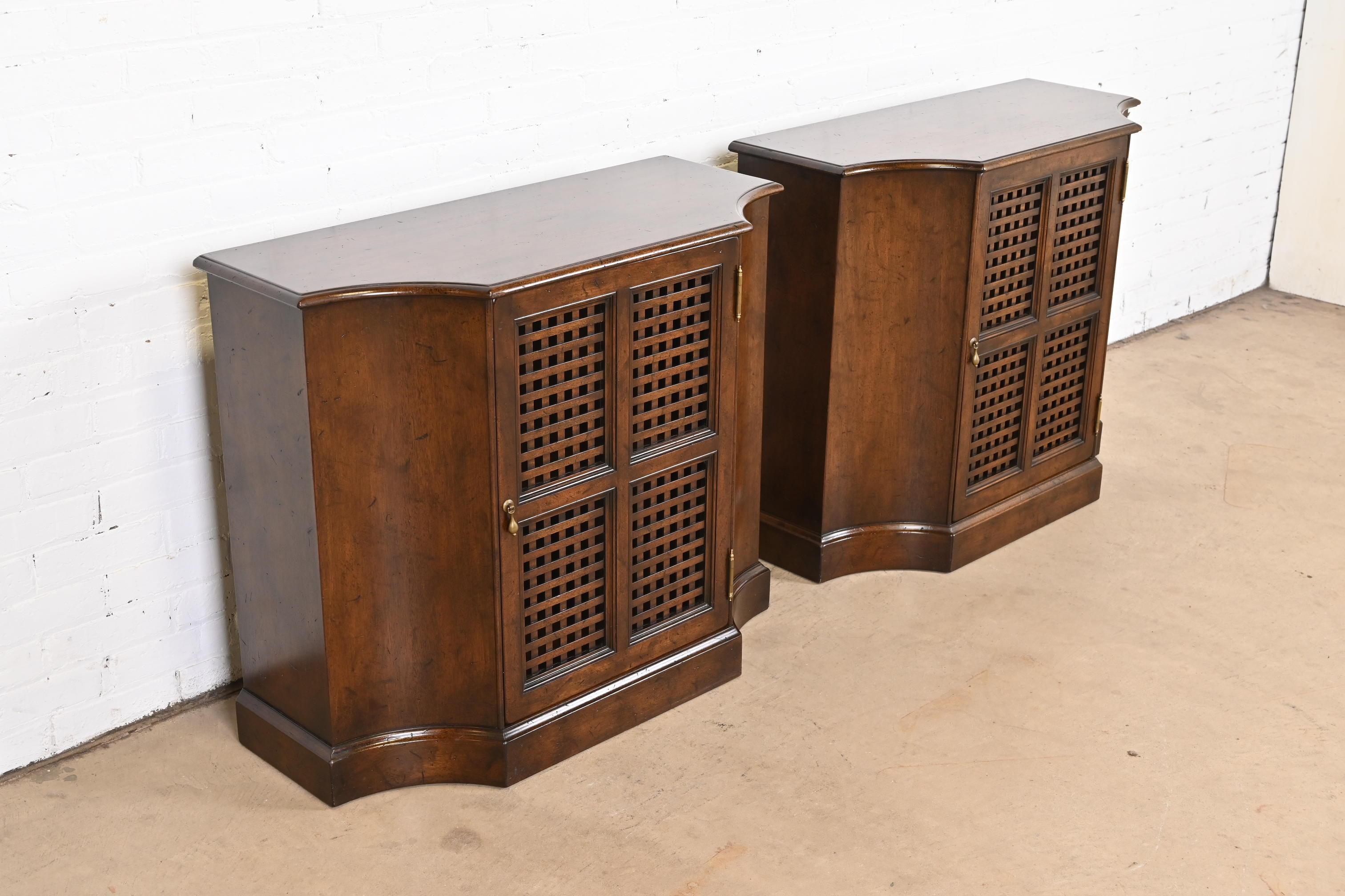 Brass Beacon Hill Regency Walnut Cabinets or Bedside Chests, Pair For Sale