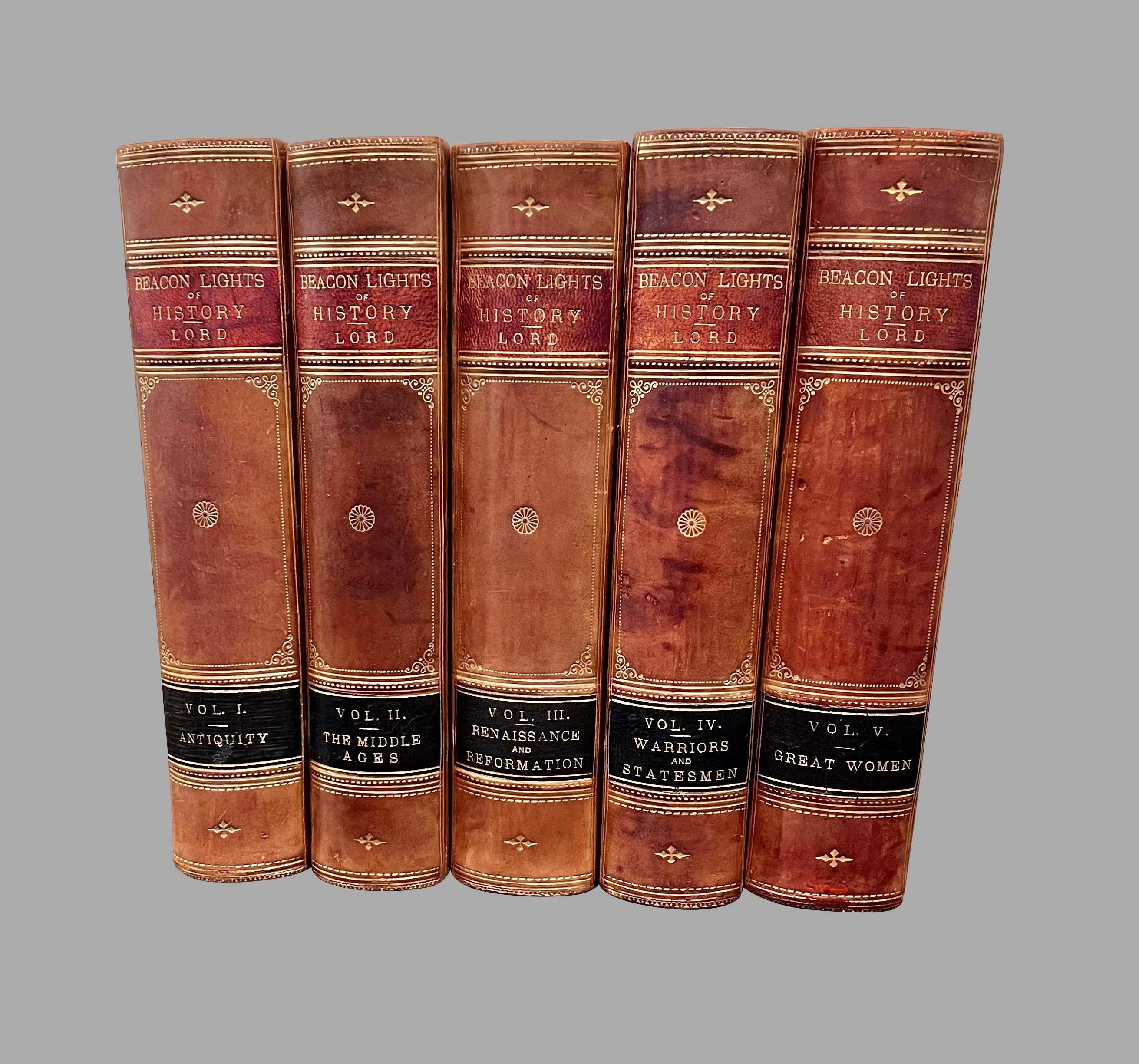 A five volume leather bound set titled 