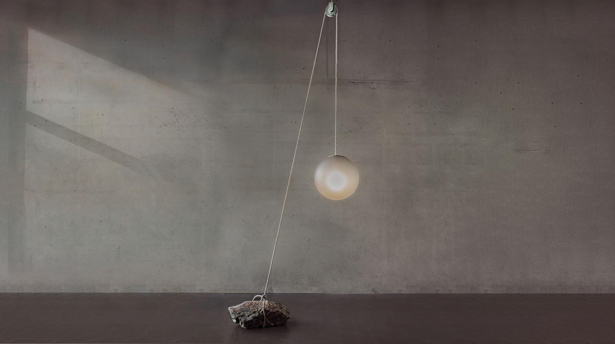 Contemporary Dutch Beacon of Light D40 Glass Ball Sculptural Natural Stone Pendant Floor Lamp For Sale