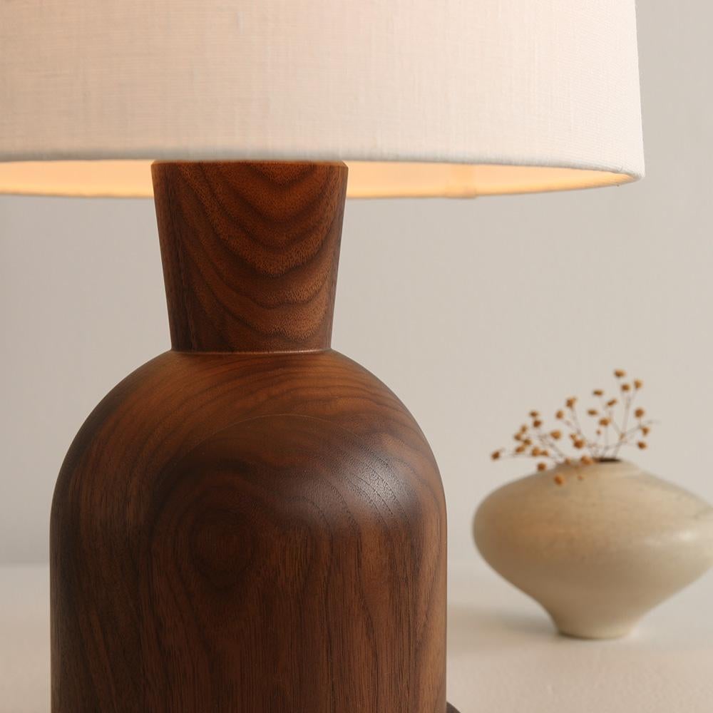 Mid-Century Modern Beacon Small Table Lamp with Walnut Body and Cream Linen Shade by Studio Dunn For Sale