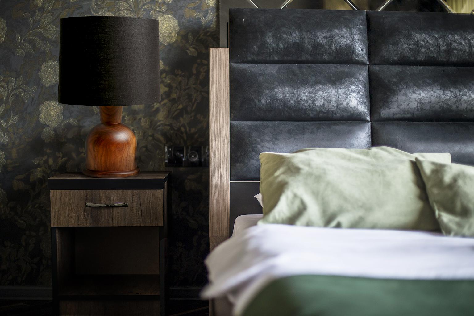 Brass Beacon Small Table Lamp with Walnut Body and Cream Linen Shade by Studio Dunn For Sale