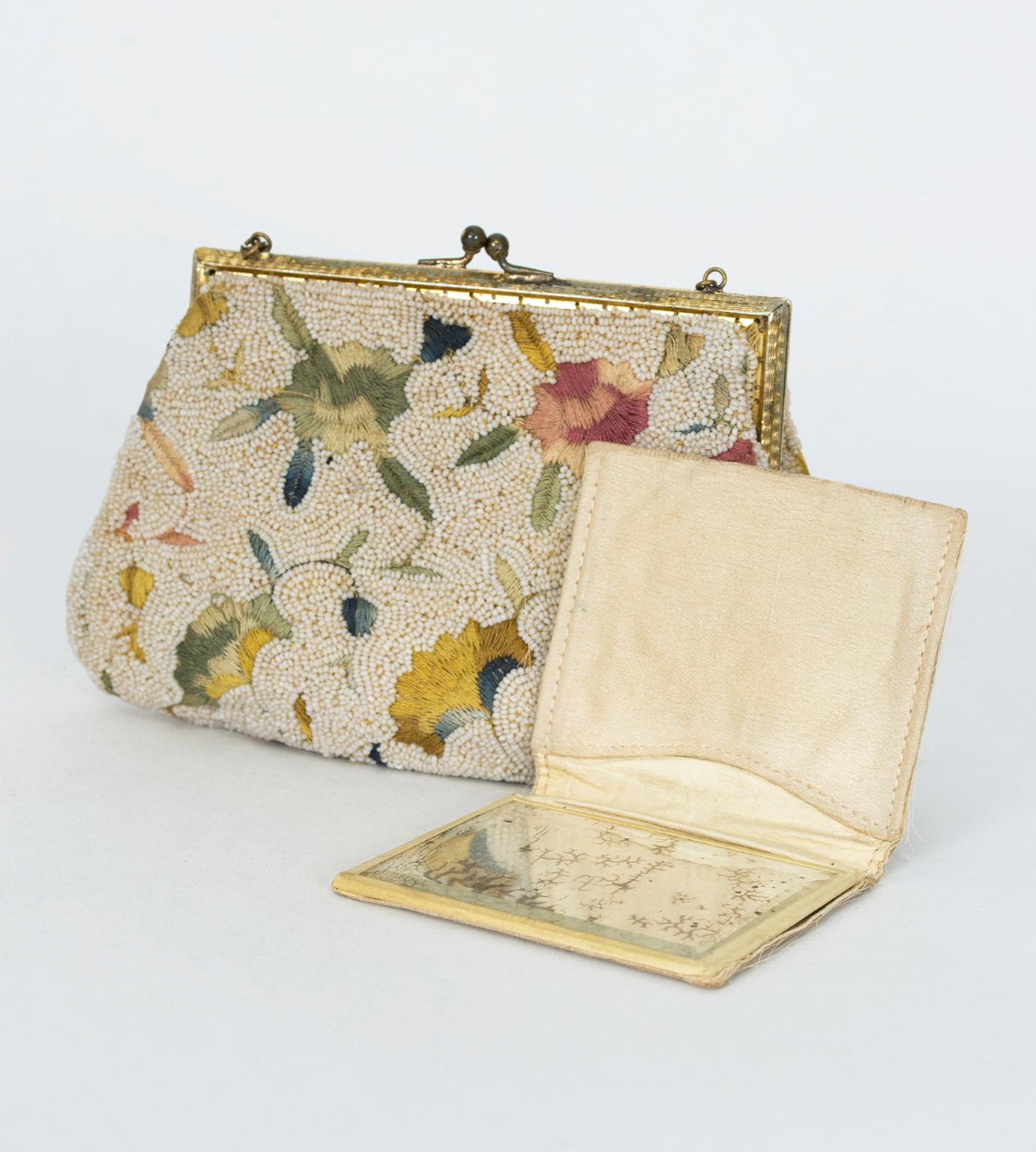 Beige Bead and Tambour Evening Bag with Folding Mirror, Late 1920s