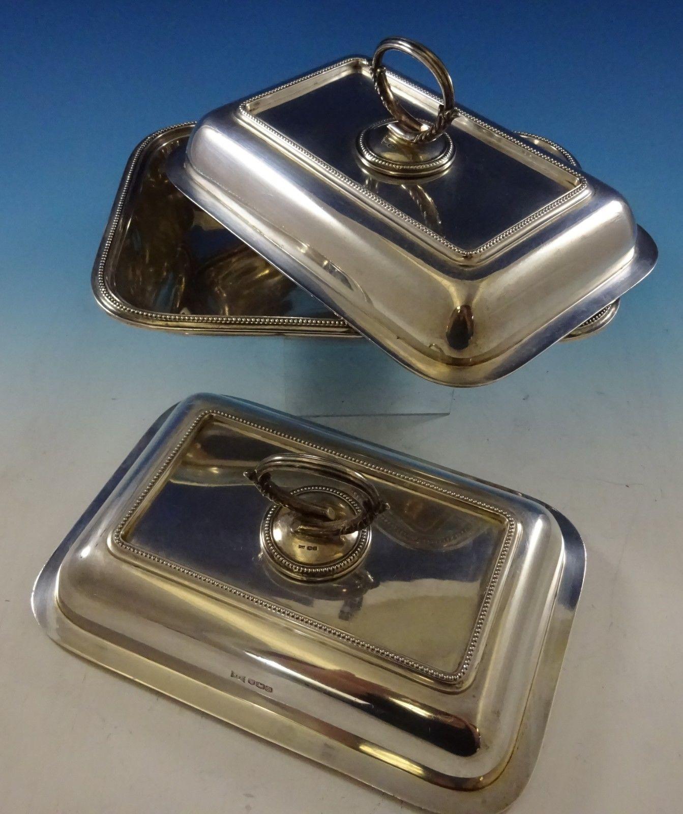 Wonderful Bead by Walker & Hall sterling silver covered vegetable dish with extra cover 3-piece set. The covers have removable handles therefore, the pieces together could be used as three dishes if desired. The covered vegetable dish measures 11 x