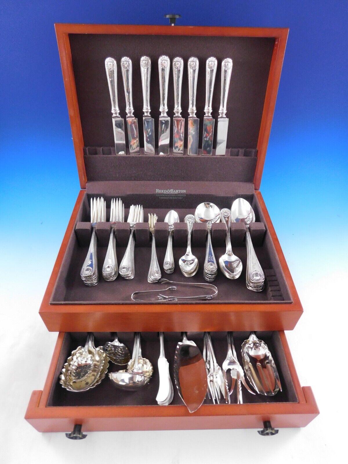 Dinner size Bead by Whiting, circa 1880, sterling silver Flatware set, 110 pieces. This set includes:

8 Dinner Size Knives with blunt plated blades, 9 1/2