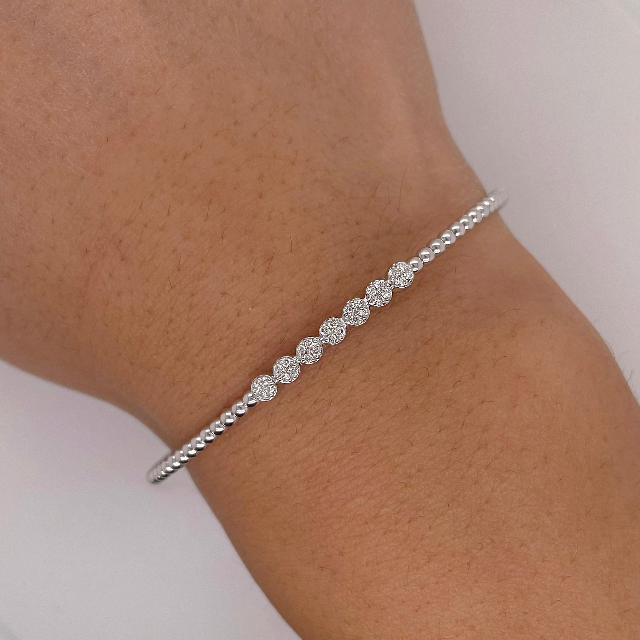 Round Cut Bead Cuff Bracelet w Cluster Diamond Stations, White Gold, Flexible Bangle For Sale