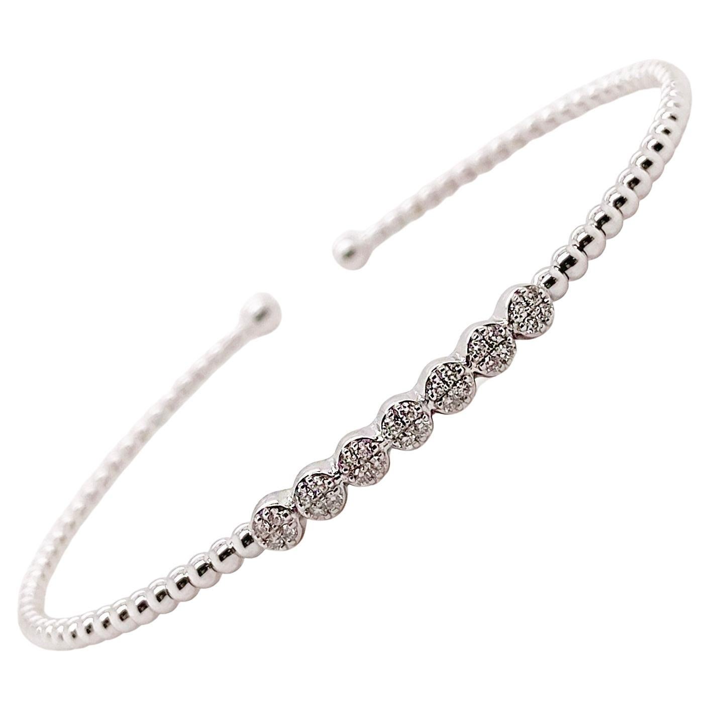 Bead Cuff Bracelet w Cluster Diamond Stations, White Gold, Flexible Bangle For Sale