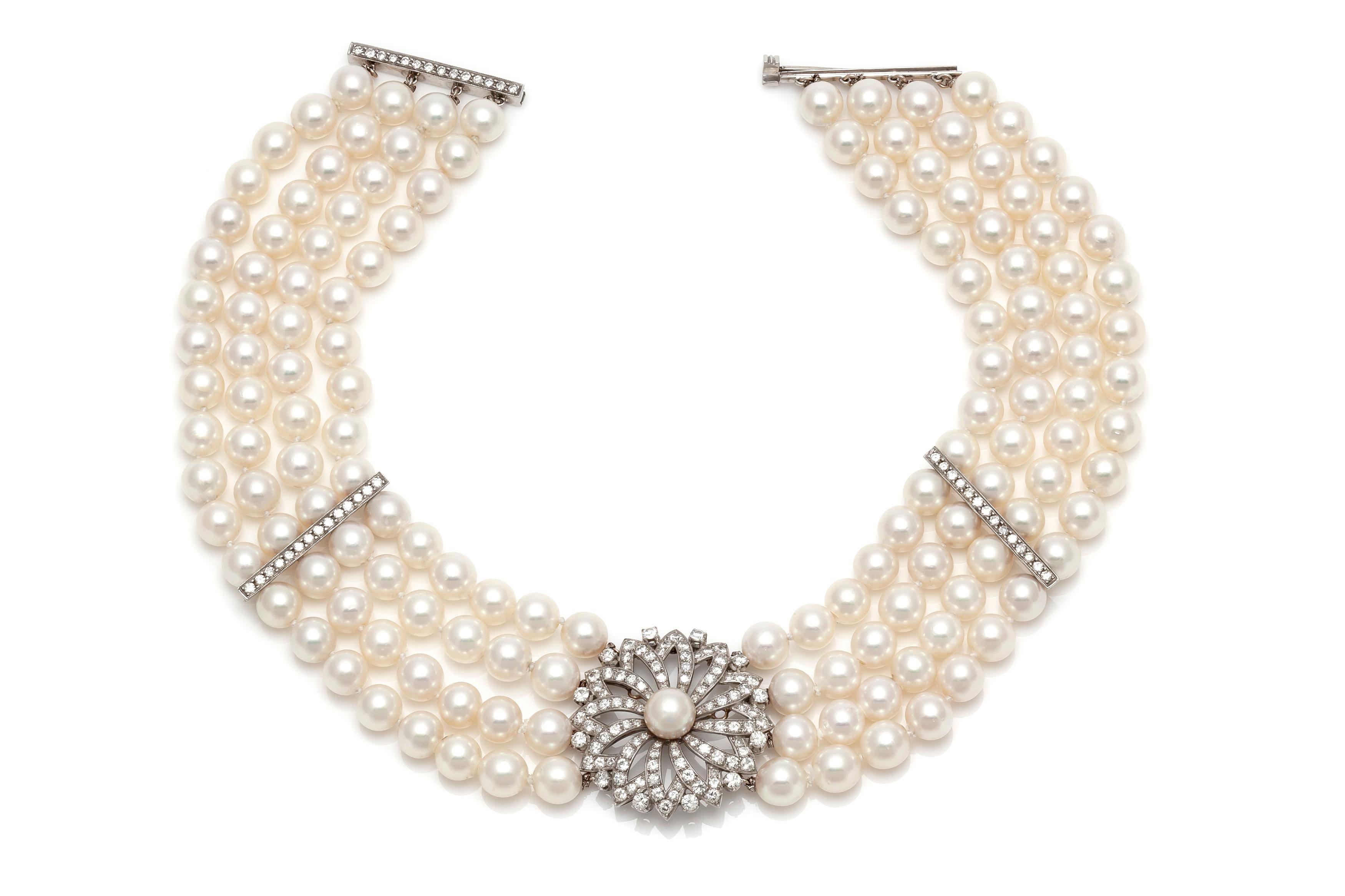 The magnificent collar necklace is finely crafted in platinum with bead cultured [pearls (akoya pearl oyster) and pendant diamonds  weighing approximately total of 7.00 carat.

This necklace has a GIA CERTIFICATE. 