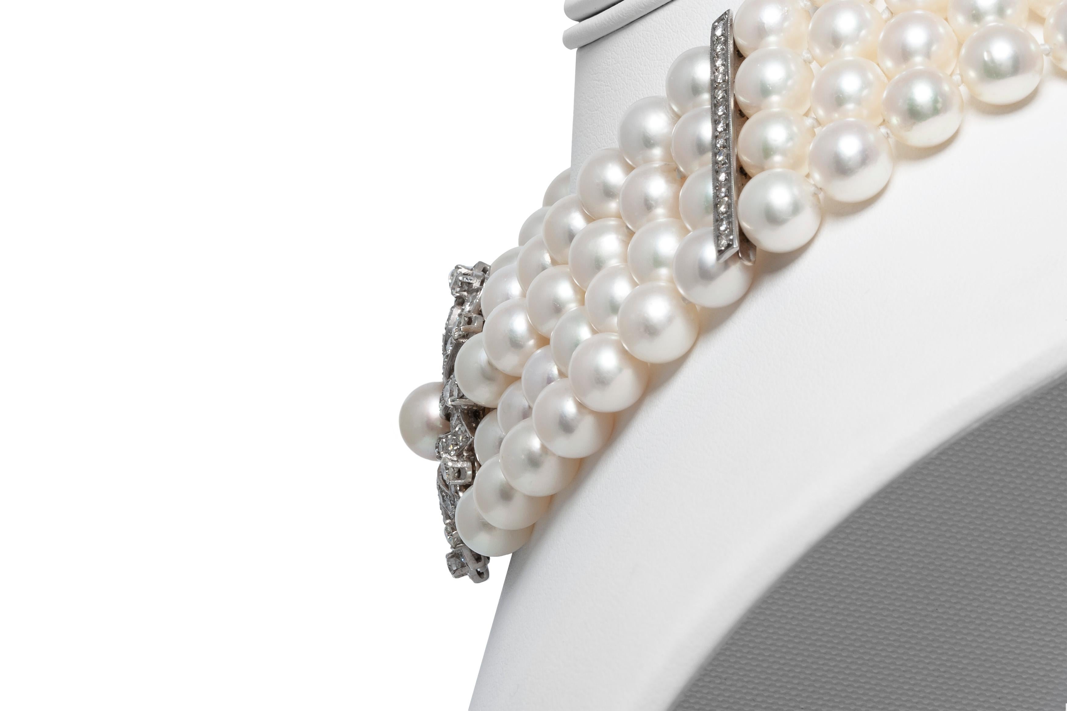 Perlen-Zuchtkragen-Halskette Perlen und Diamanten (Rundschliff) im Angebot