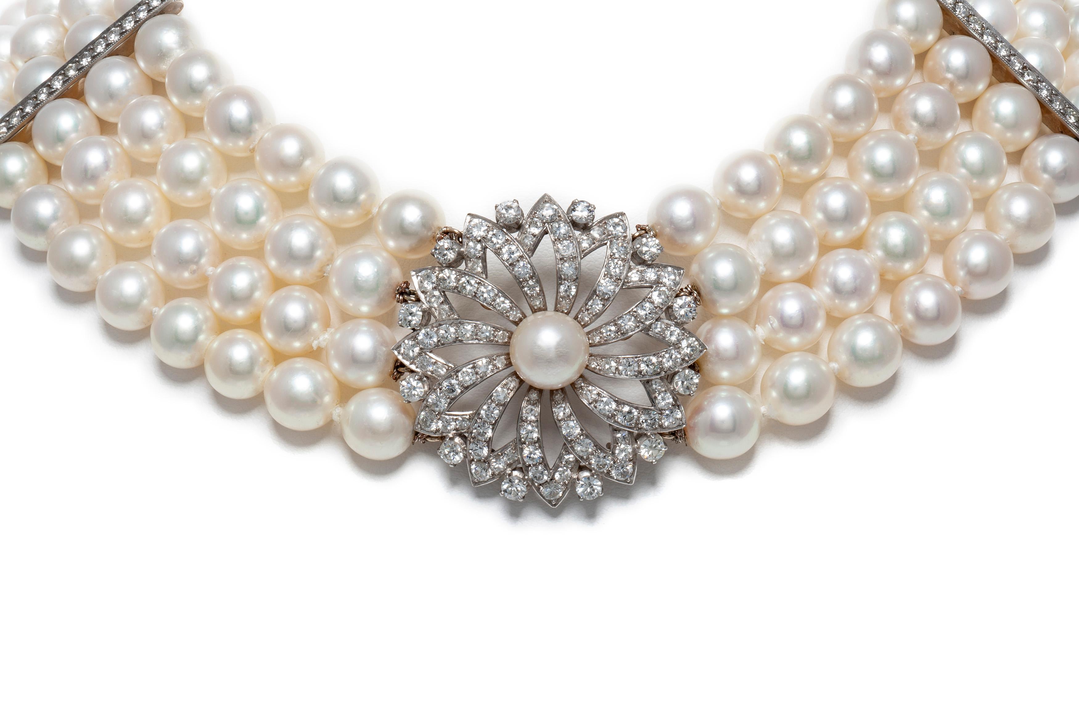 Perlen-Zuchtkragen-Halskette Perlen und Diamanten im Zustand „Gut“ im Angebot in New York, NY