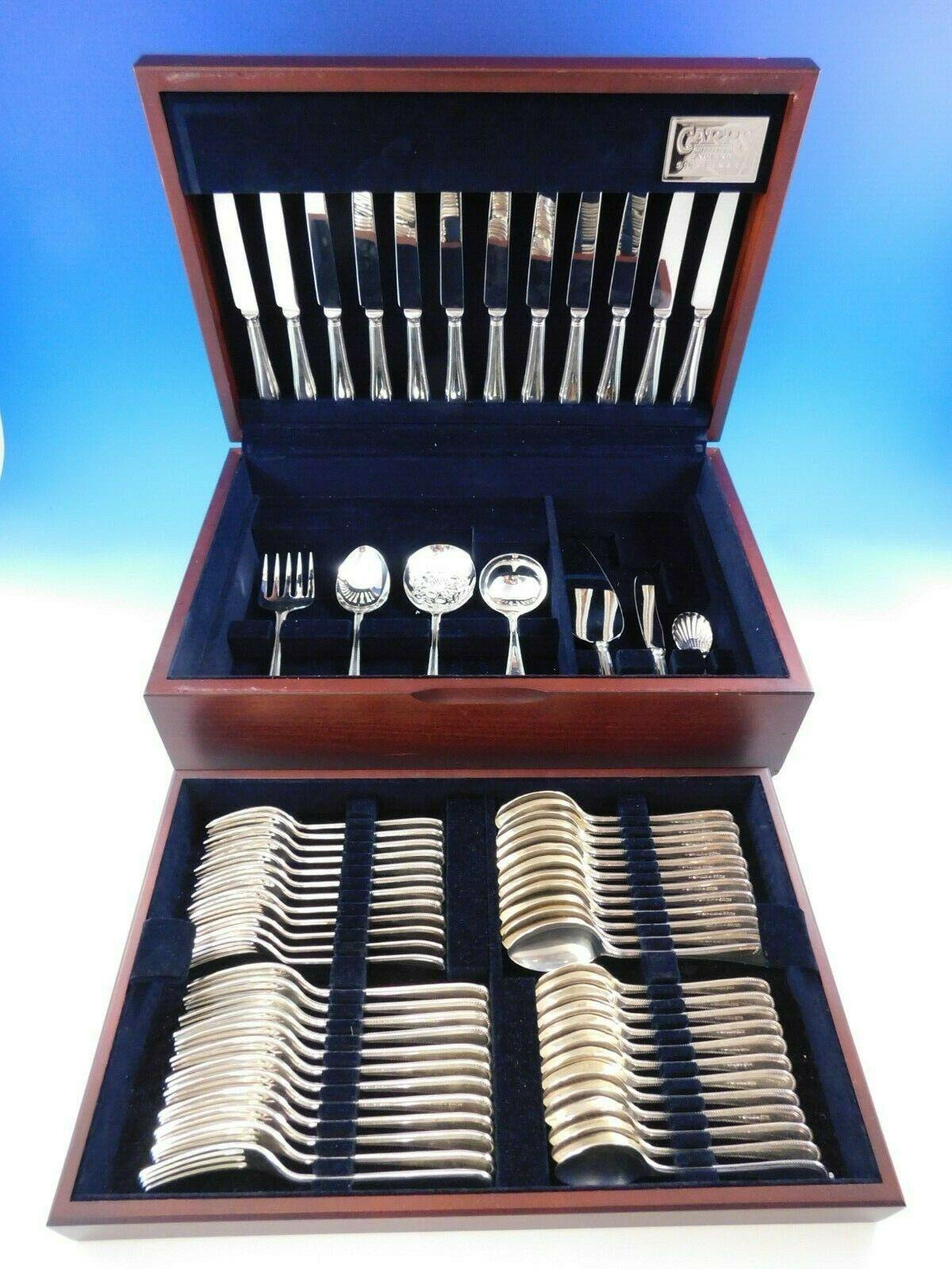 Beautiful bead, round by Carrs sterling silver flatware set in vintage storage chest - 73 pieces. This set includes:

12 dinner knives, 9 3/4
