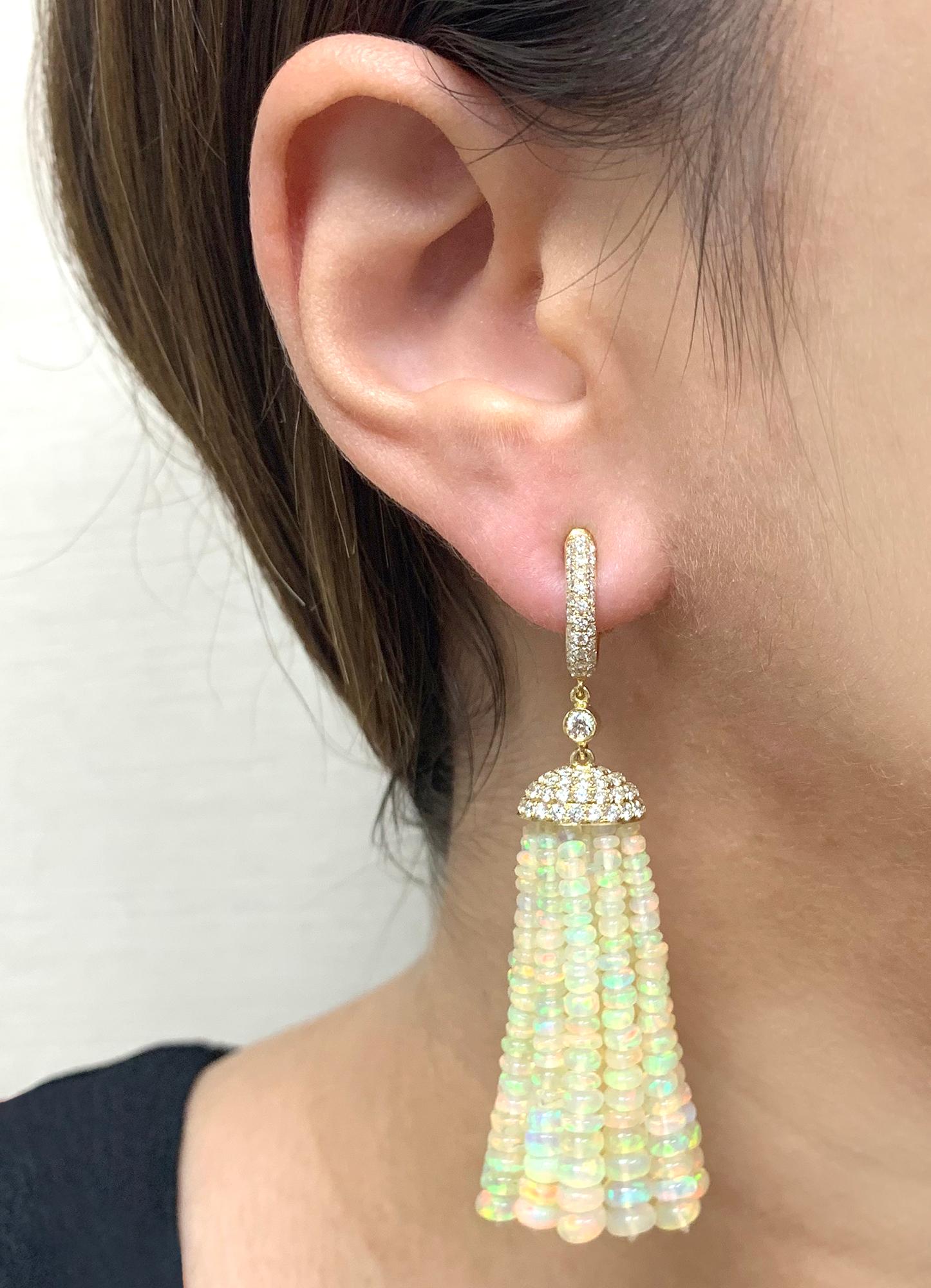 Bead Tassel Earrings with 14 Opal Strands, Diamonds, Briolettes & Diamonds Hoop in 18K Yellow Gold, from 'G-One' Collection

Tassel Length: 1-1/2