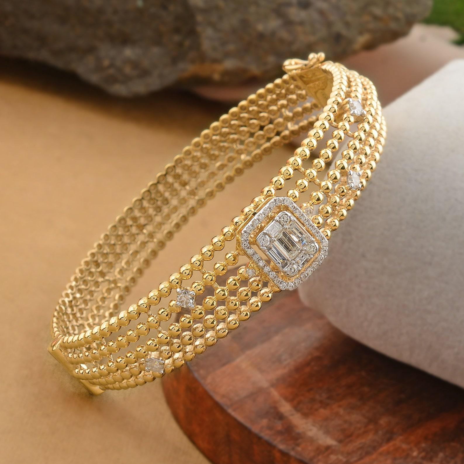 Artisan Beaded 14 Karat Gold Diamond Sunlight Bangle Bracelet  For Sale
